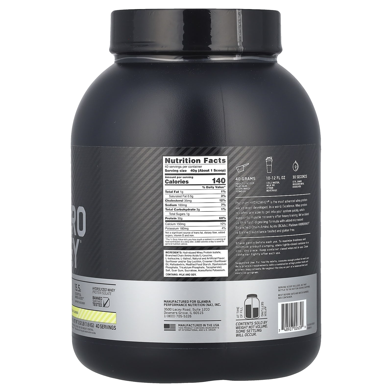 Optimum Nutrition Platinum Hydro Whey – Velocity Vanilla – 1,6 kg — photo 2 sur 2