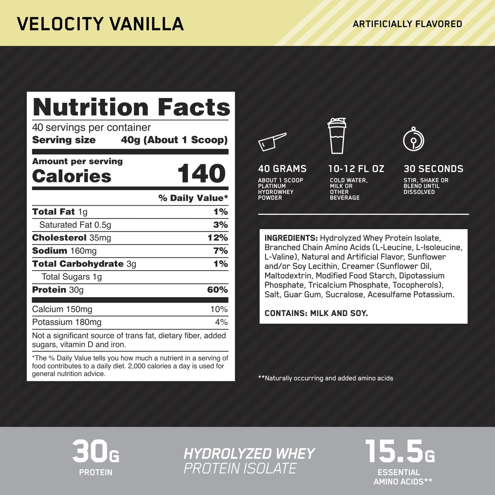 Optimum Nutrition Platinum Hydro Whey – Velocity Vanilla – 1,6 kg — étiquette 1