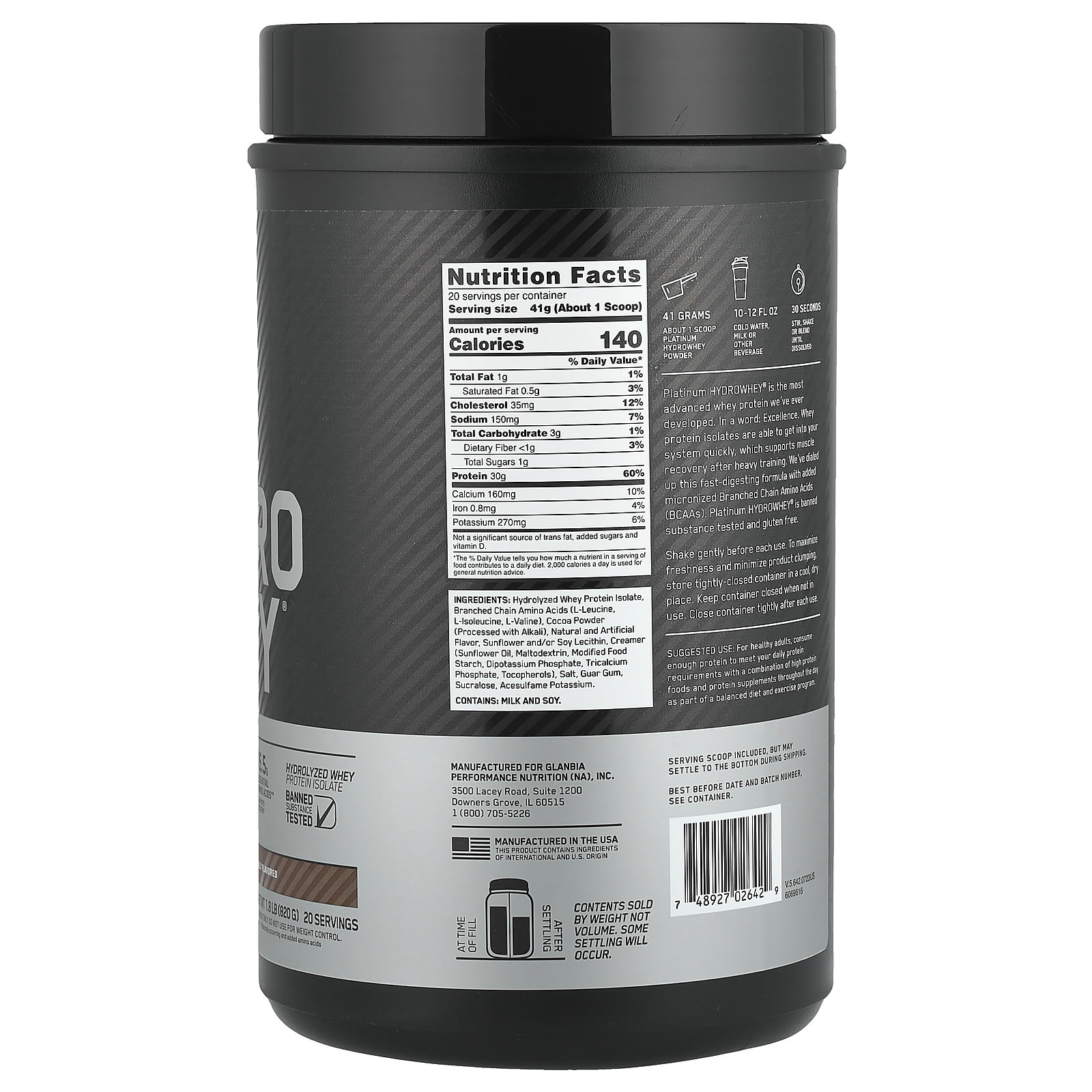 Optimum Nutrition Platinum Hydro Whey – Turbo Chocolate – 820 g — photo 2 sur 2