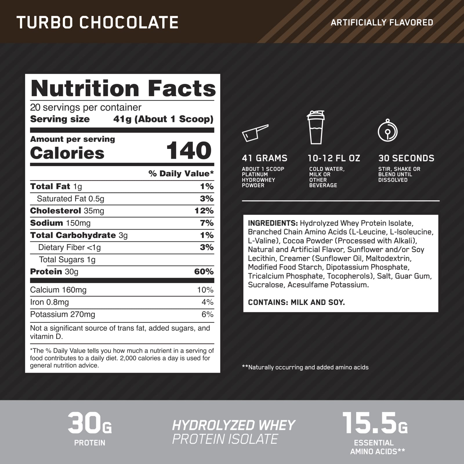 Optimum Nutrition Platinum Hydro Whey – Turbo Chocolate – 820 g — étiquette 1
