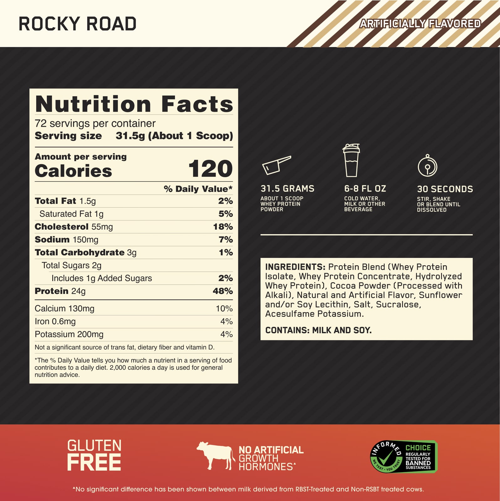 Optimum Nutrition Gold Standard 100% Whey – Rocky Road – 2,27 kg — étiquette 1