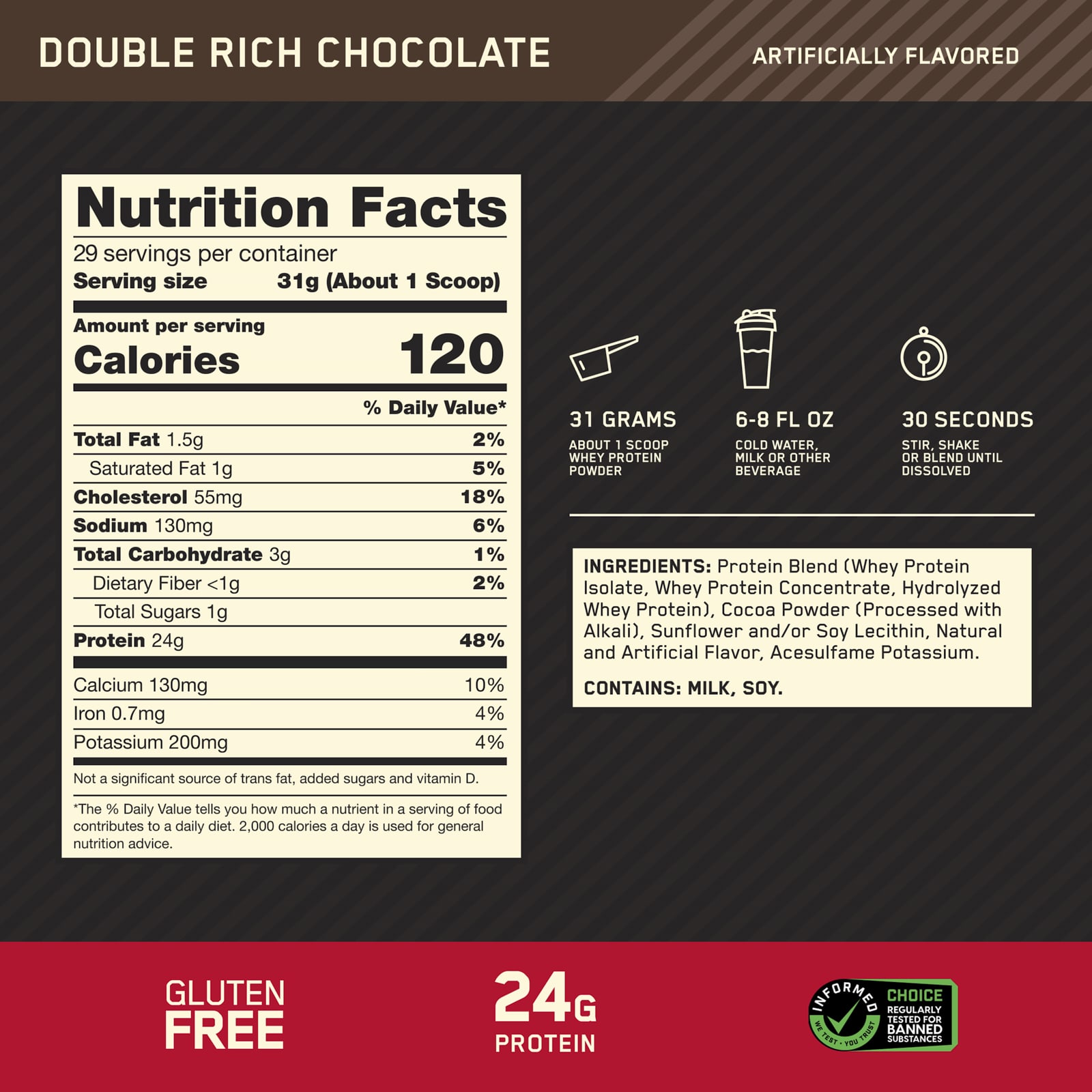 Optimum Nutrition Gold Standard 100% Whey Protein – Double Rich Chocolate – 899 g — étiquette 1