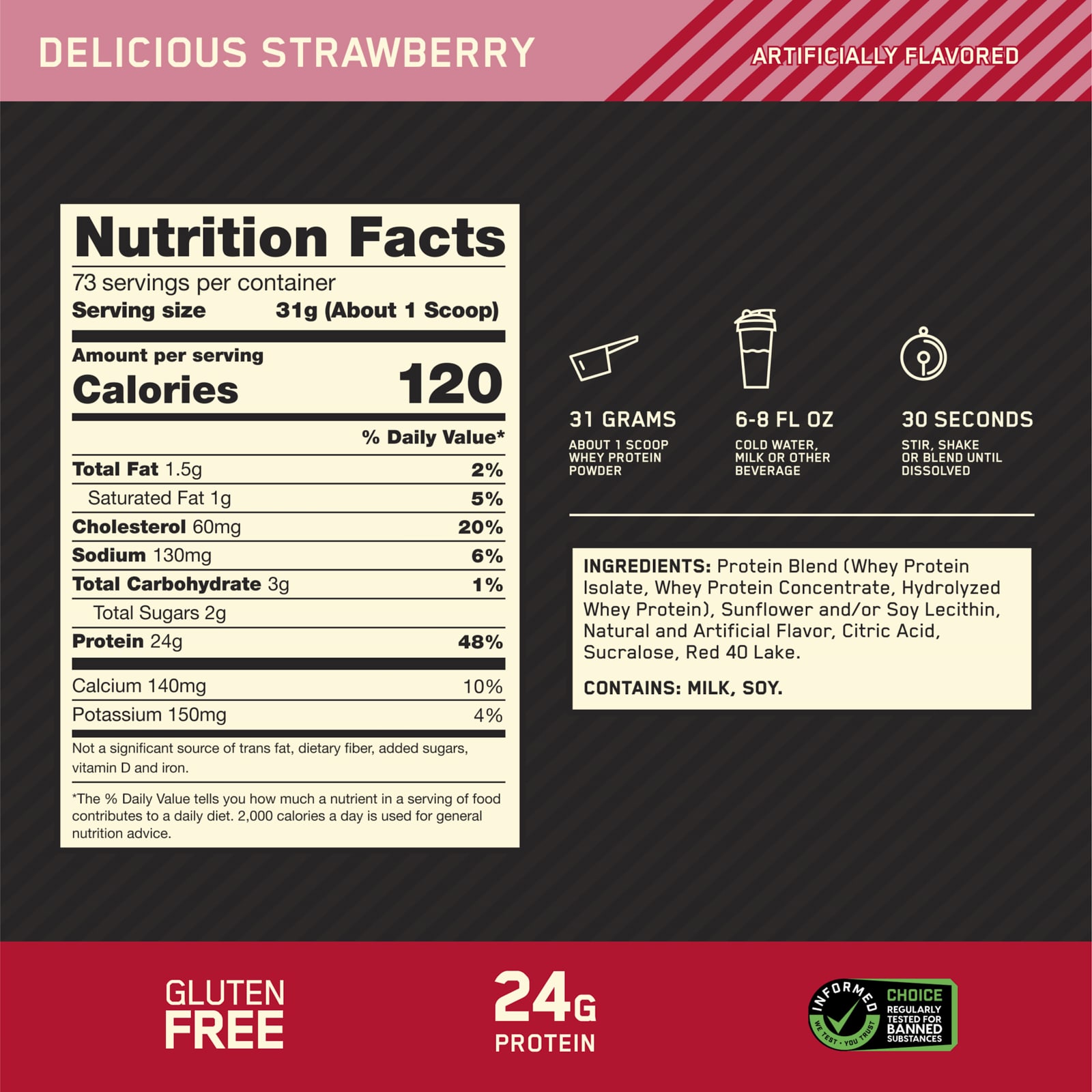 Optimum Nutrition Gold Standard 100% Whey Protein – Delicious Strawberry – 2,26 kg — étiquette 1