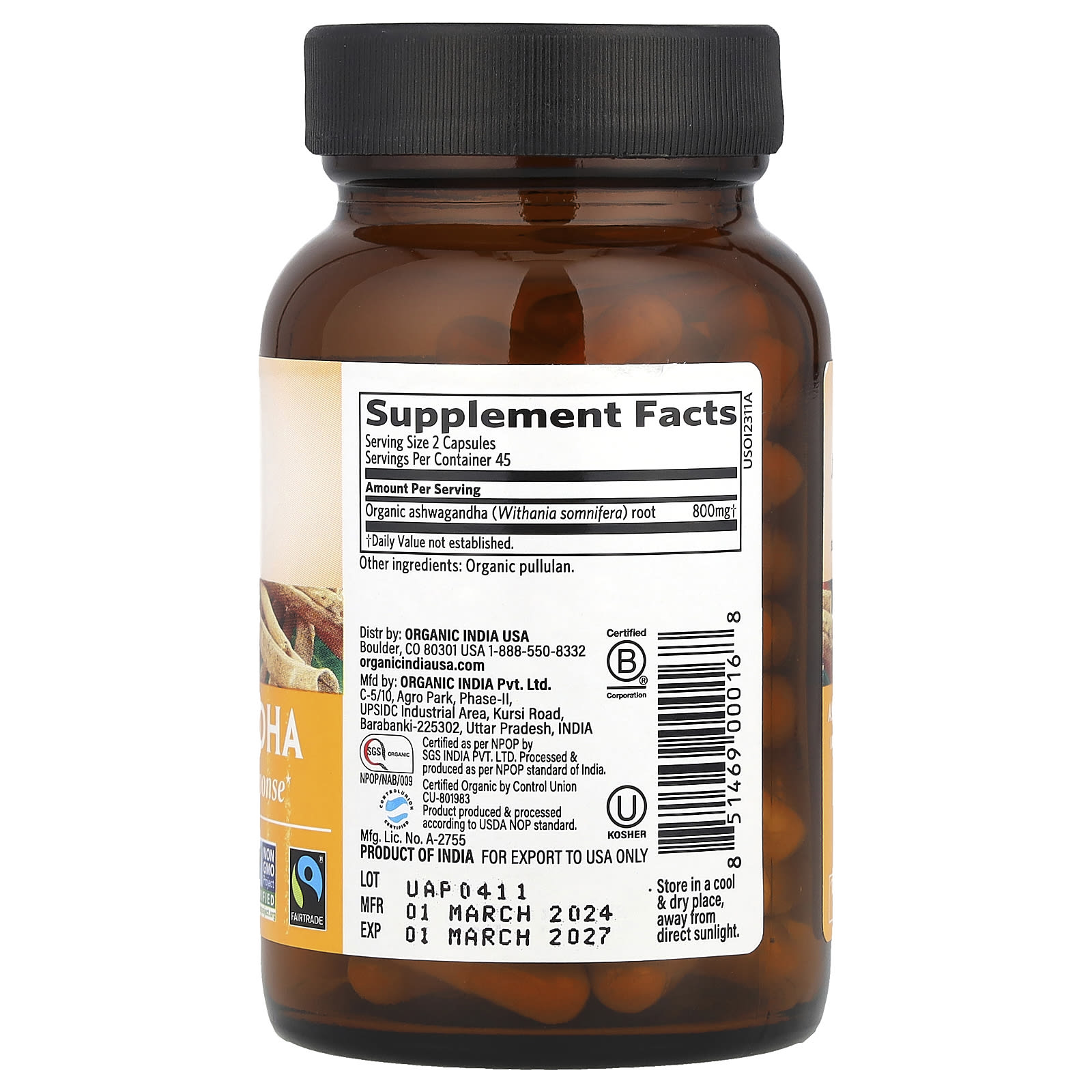 Organic India Ashwagandha, 90 Vegetarian Caps (400 mg per Capsule) — photo 2 sur 2