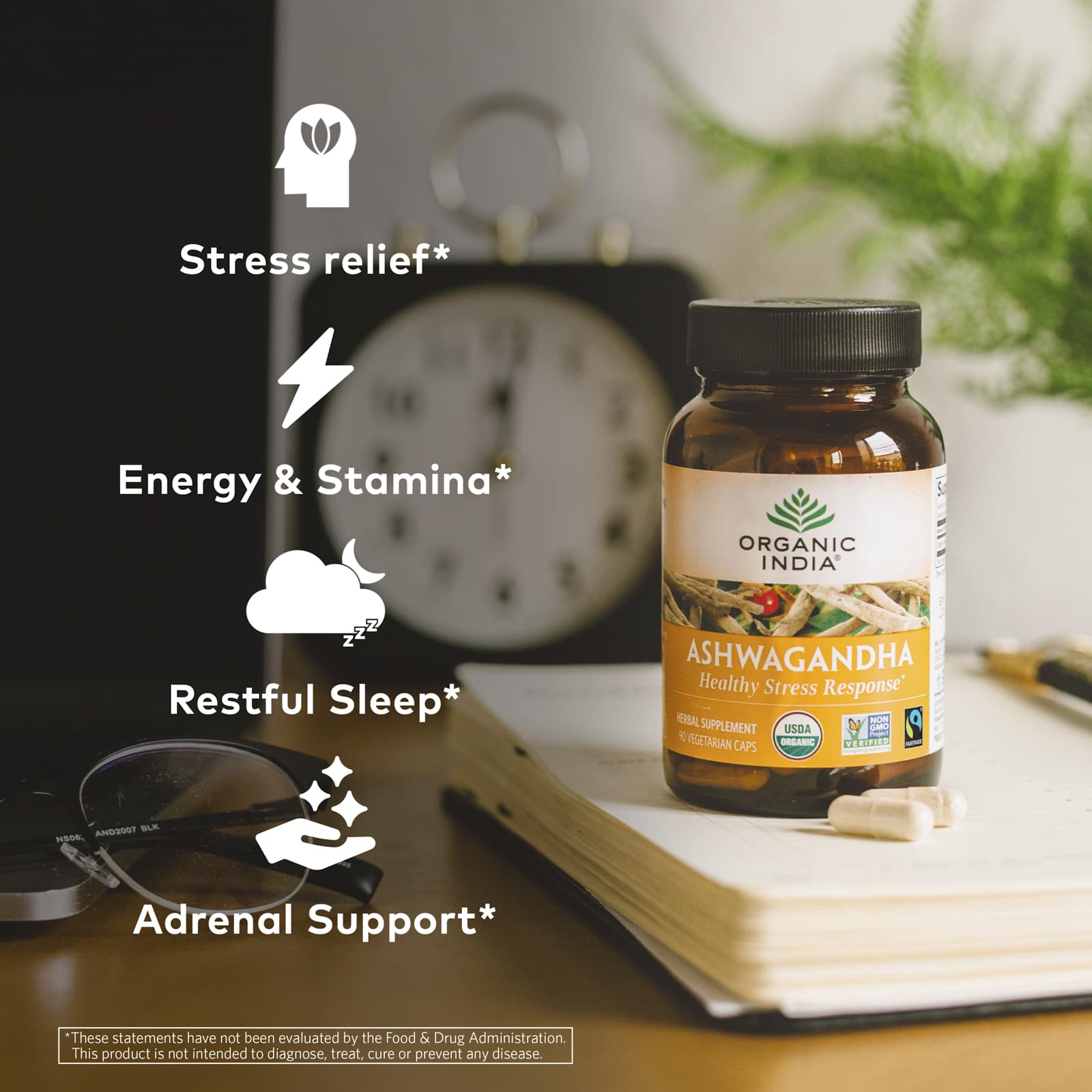 Organic India Ashwagandha, 90 Vegetarian Caps (400 mg per Capsule) — étiquette 1