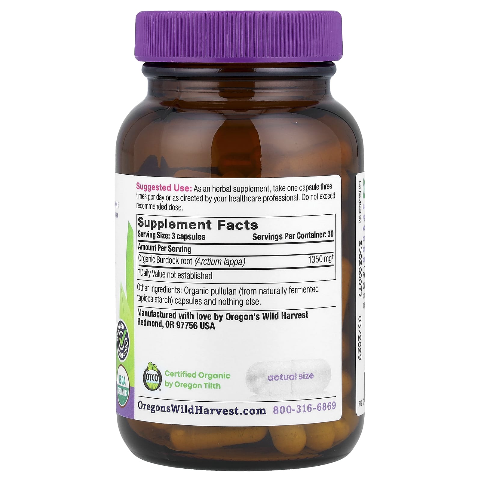Oregon's Wild Harvest Organic Burdock, 90 Organic Vegan Capsules (450 mg per Capsule) — photo 2 sur 2