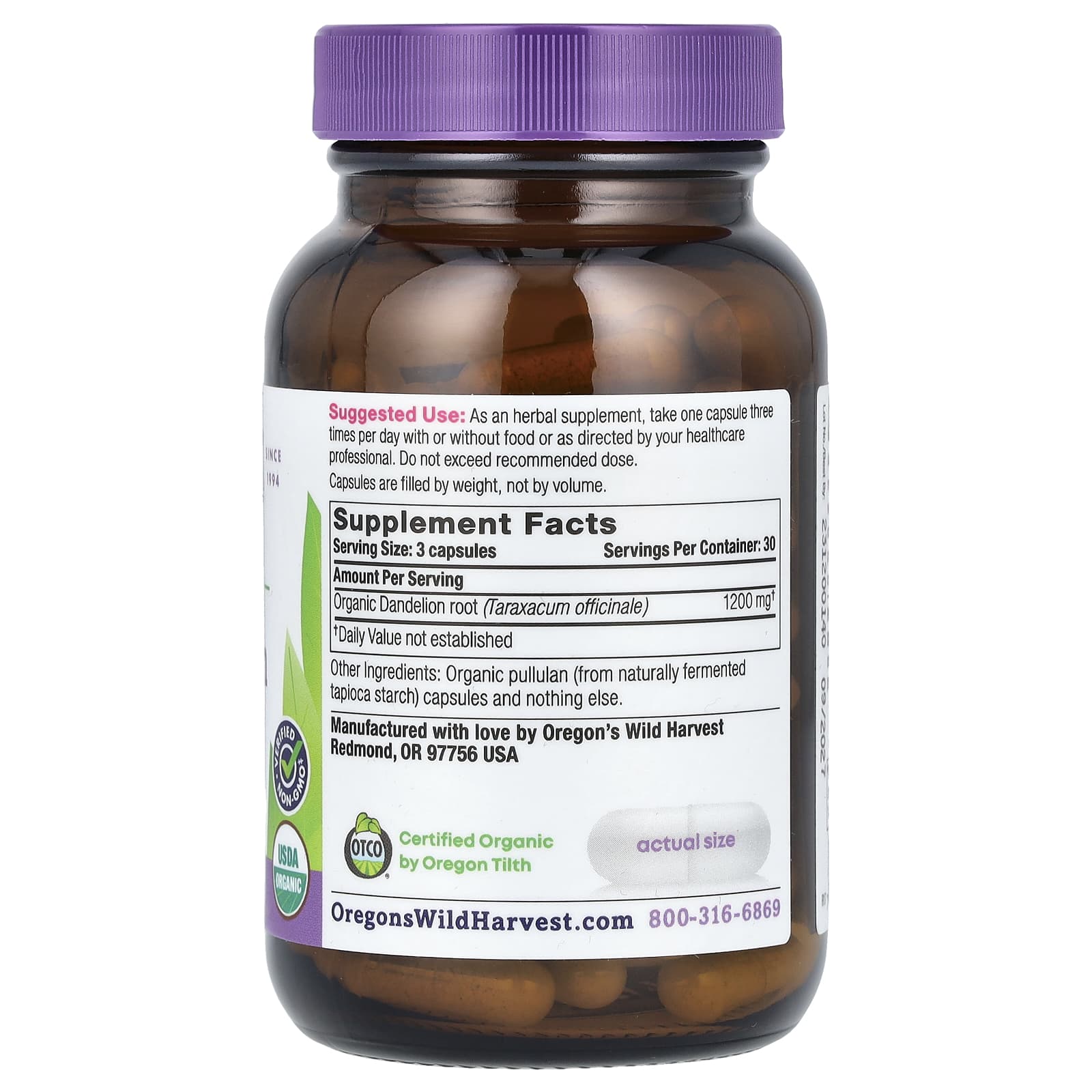 Oregon's Wild Harvest Organic Dandelion Root, 90 Organic Vegan Capsules (400 mg per Capsule) — photo 2 sur 2