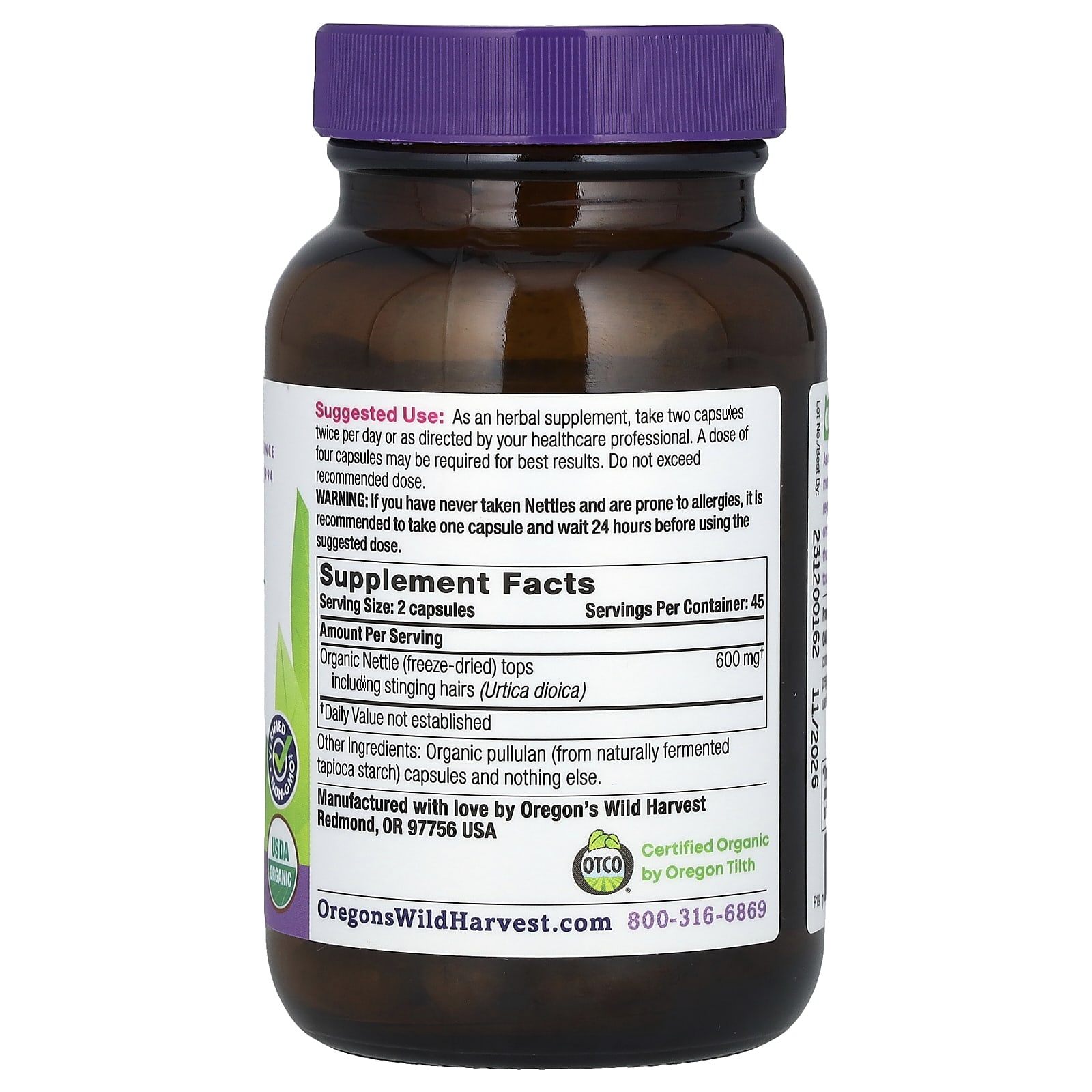 Oregon's Wild Harvest Organic Freeze-Dried Nettle, 90 Organic Vegan Capsule (300 mg per Capsule) — photo 2 sur 2