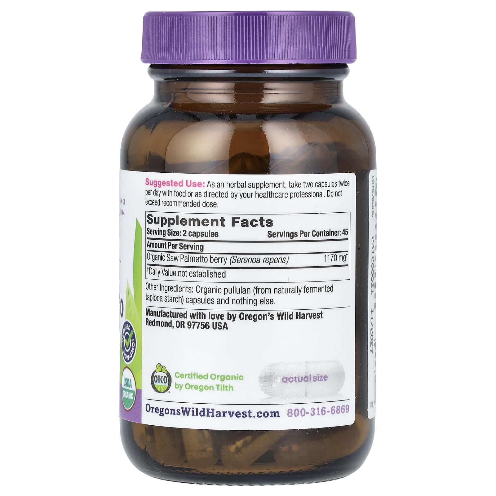 Oregon's Wild Harvest Organic Saw Palmetto, 90 Organic Vegan Capsules (585 mg per Capsule) — photo 2 sur 2