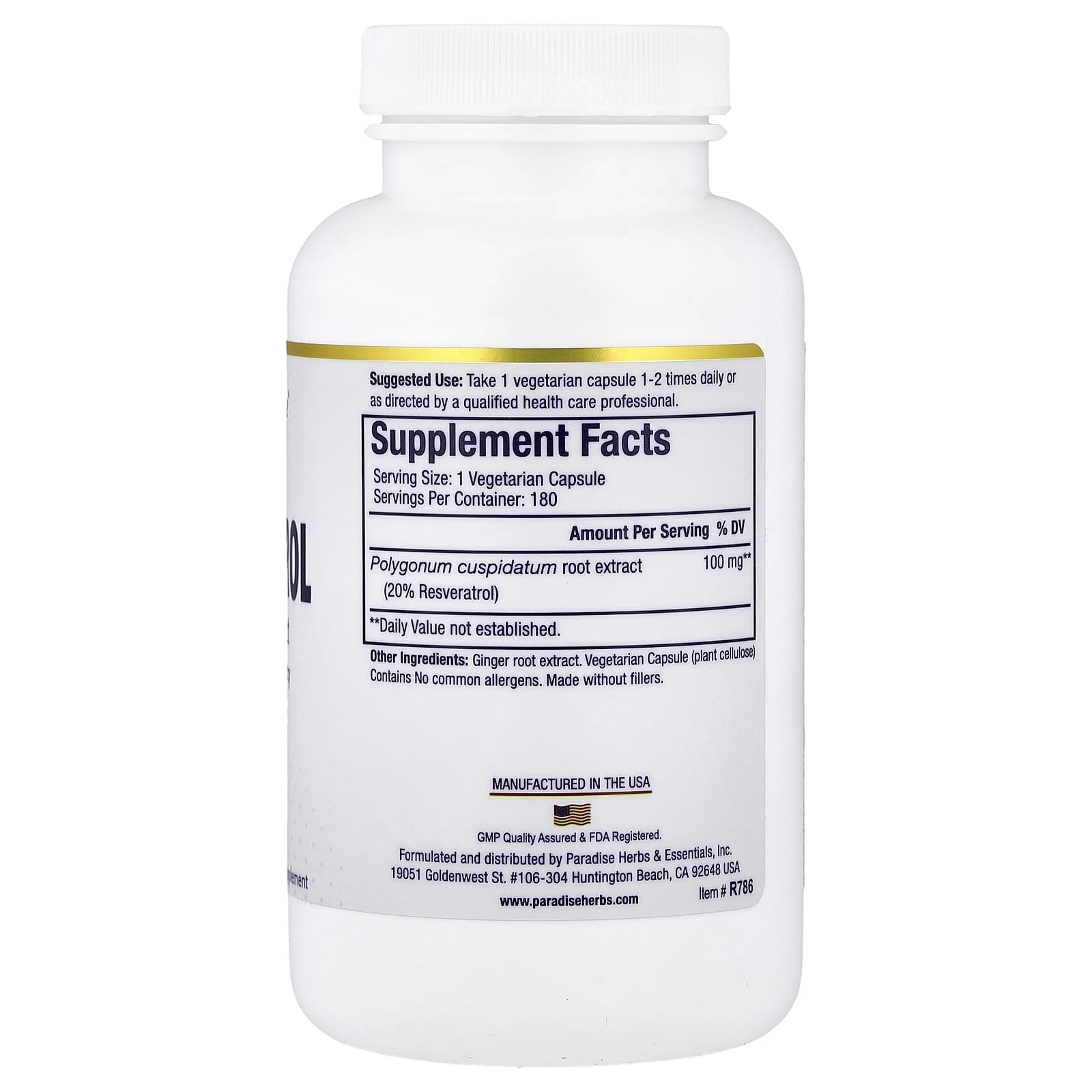Paradise Herbs Resveratrol Premium Extract – 180 gélules végétales — photo 2 sur 2