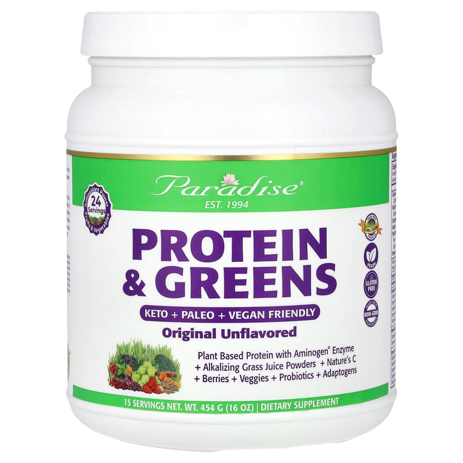 Paradise Herbs Protein & Greens, Original Unflavored – Sans arôme – 454 g — Tunisie