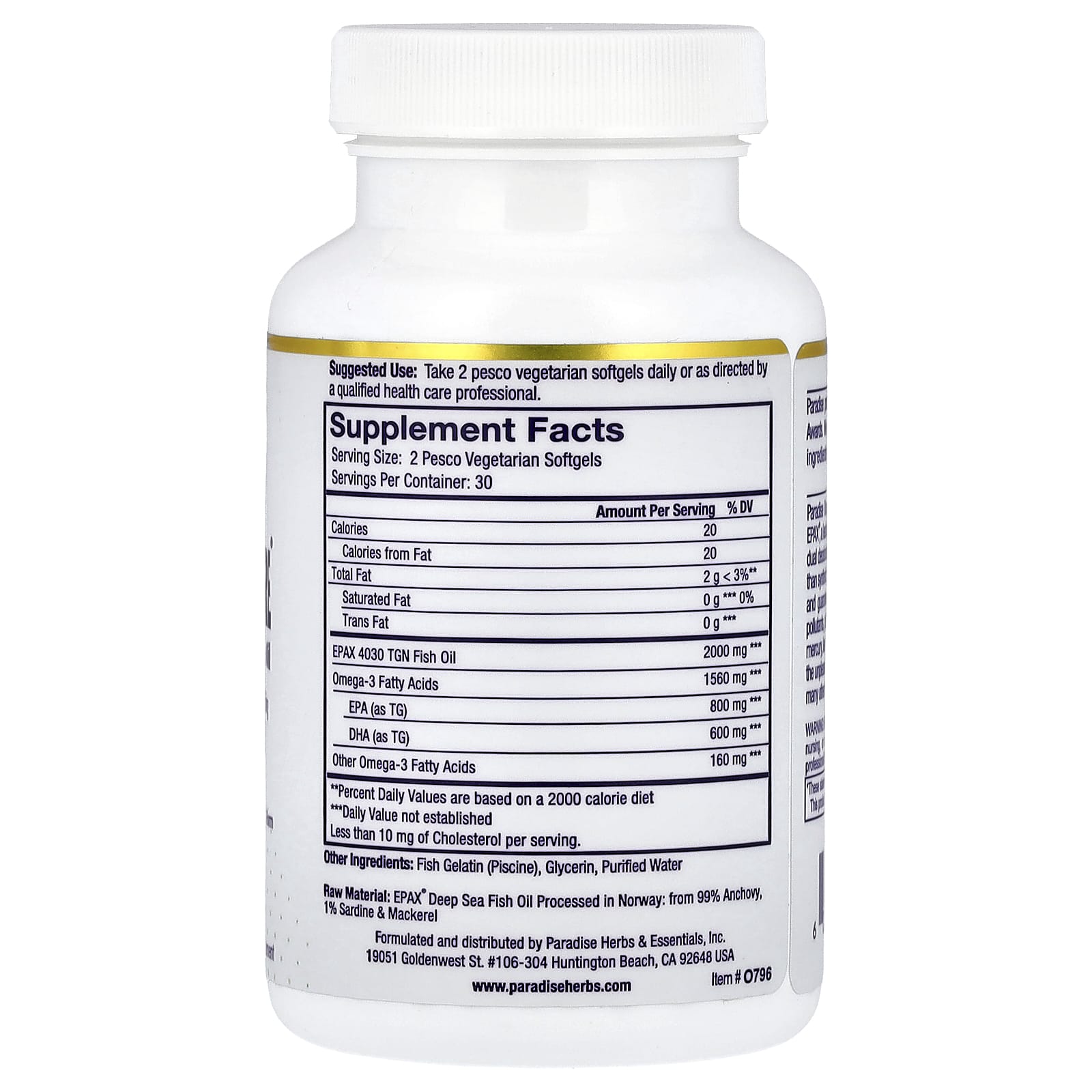 Paradise Herbs Omega-Sure, Premium Omega-3 Fish Oil, 60 Pesco Vegetarian Softgels — photo 2 sur 2