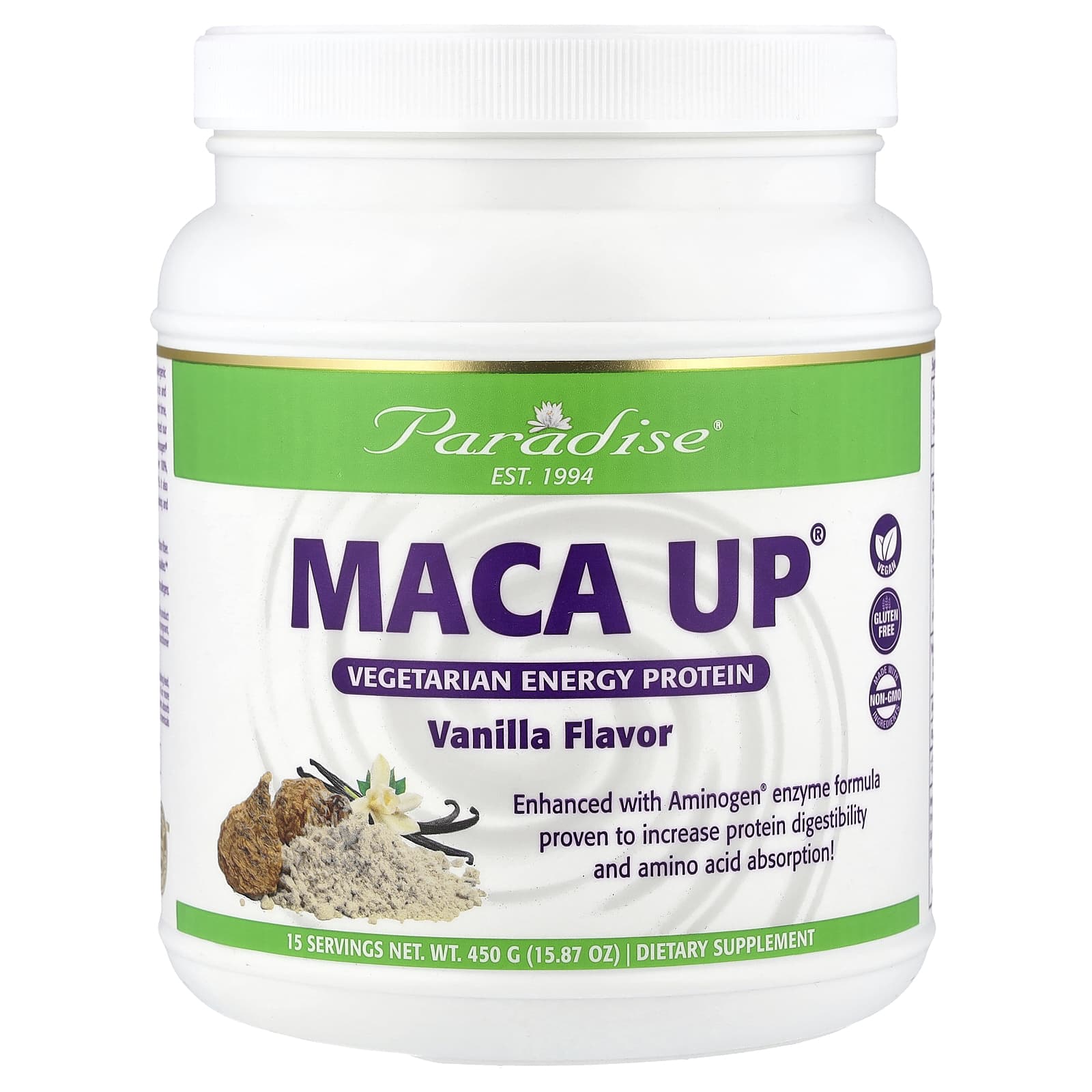 Paradise Herbs Maca Up, Vegetarian Energy Protein – Vanilla – 450 g — Tunisie
