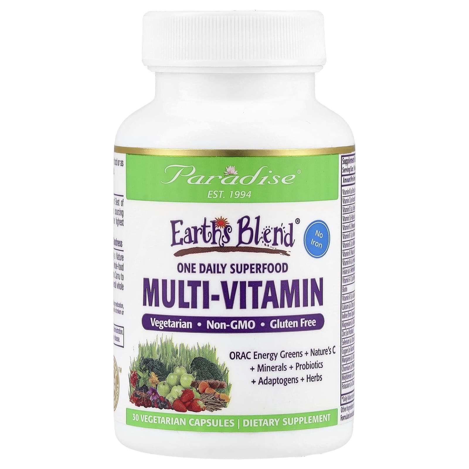 Paradise Herbs Earth's Blend, One Daily Superfood Multi-Vitamin, No Iron – 30 gélules végétales — Tunisie