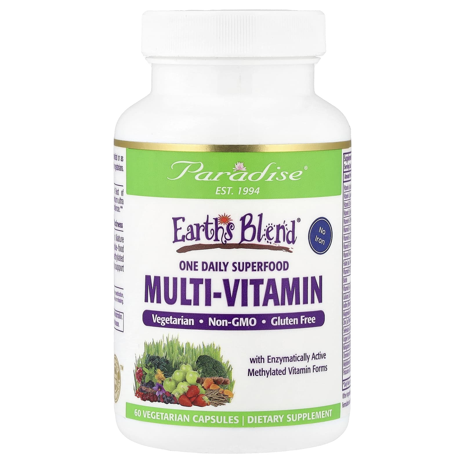Paradise Herbs Earth's Blend , One Daily Superfood Multi-Vitamin, No Iron – 60 gélules végétales — Tunisie