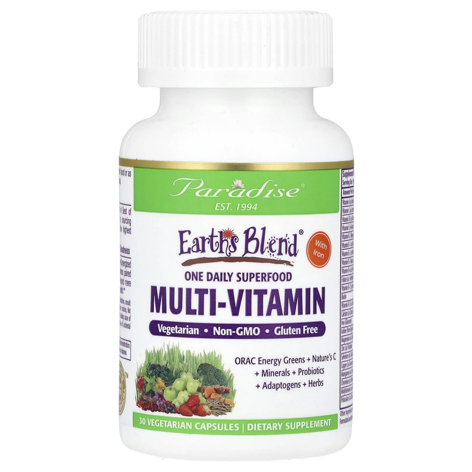 Paradise Herbs Earth's Blend, One Daily Superfood Multi-Vitamin with Iron – 30 gélules végétales — Tunisie