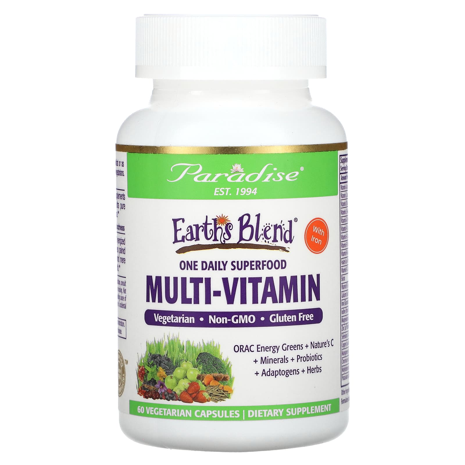 Paradise Herbs Earth's Blend, One Daily Superfood Multi-Vitamin with Iron – 60 gélules végétales — Tunisie