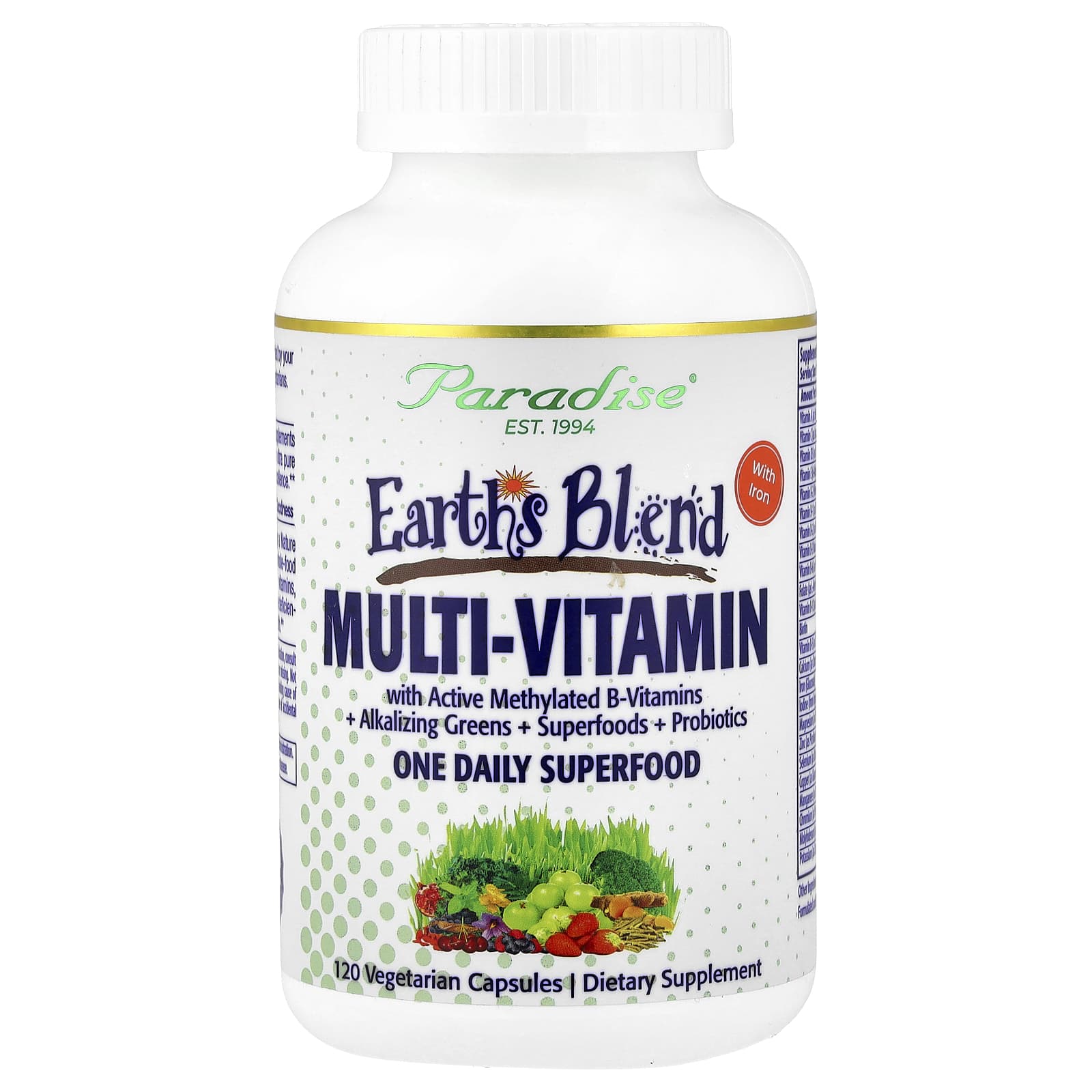 Paradise Herbs Earth's Blend, One Daily Superfood Multi-Vitamin with Iron – 120 gélules végétales — Tunisie