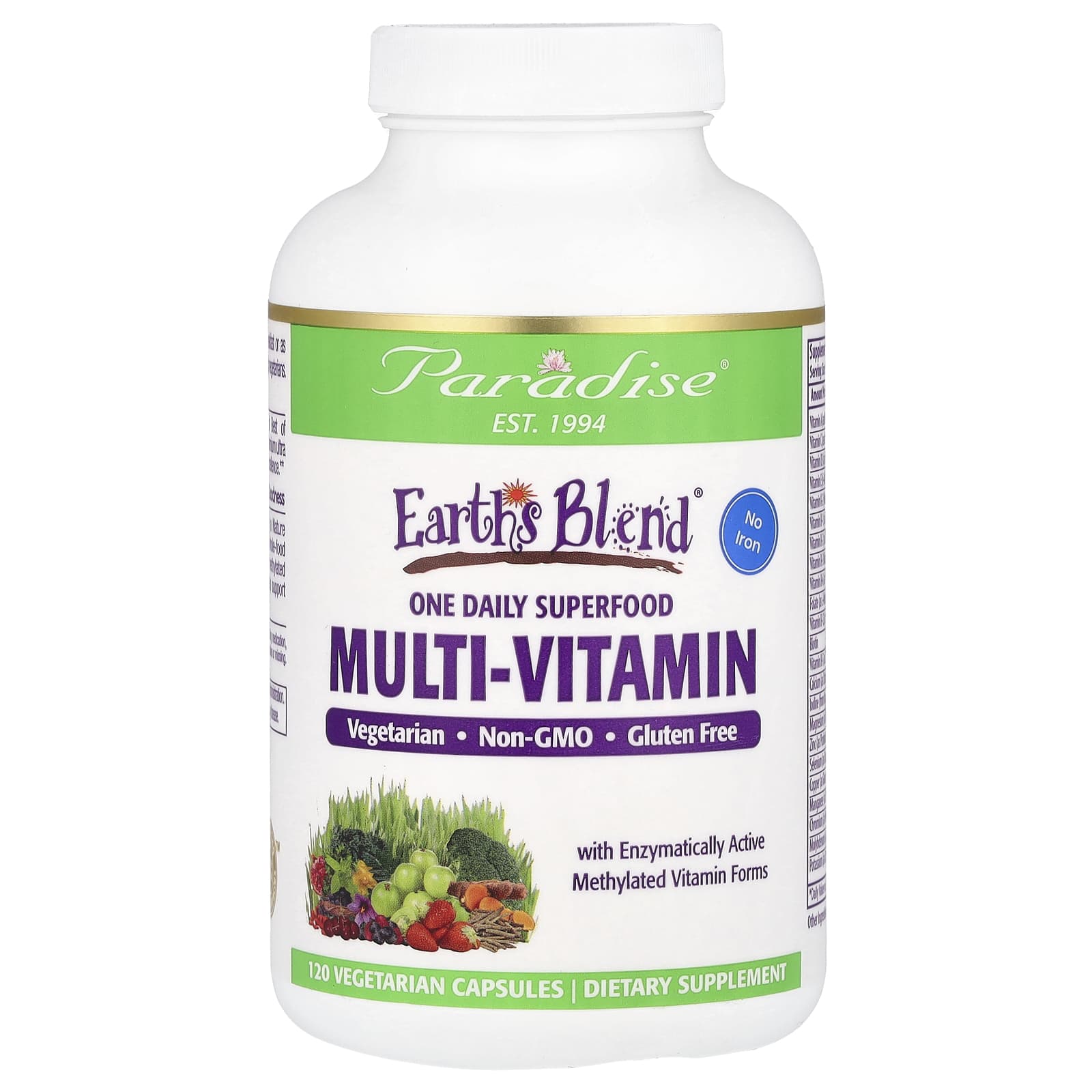 Paradise Herbs Earth's Blend, One Daily Superfood Multi-Vitamin, No Iron – 120 gélules végétales — Tunisie