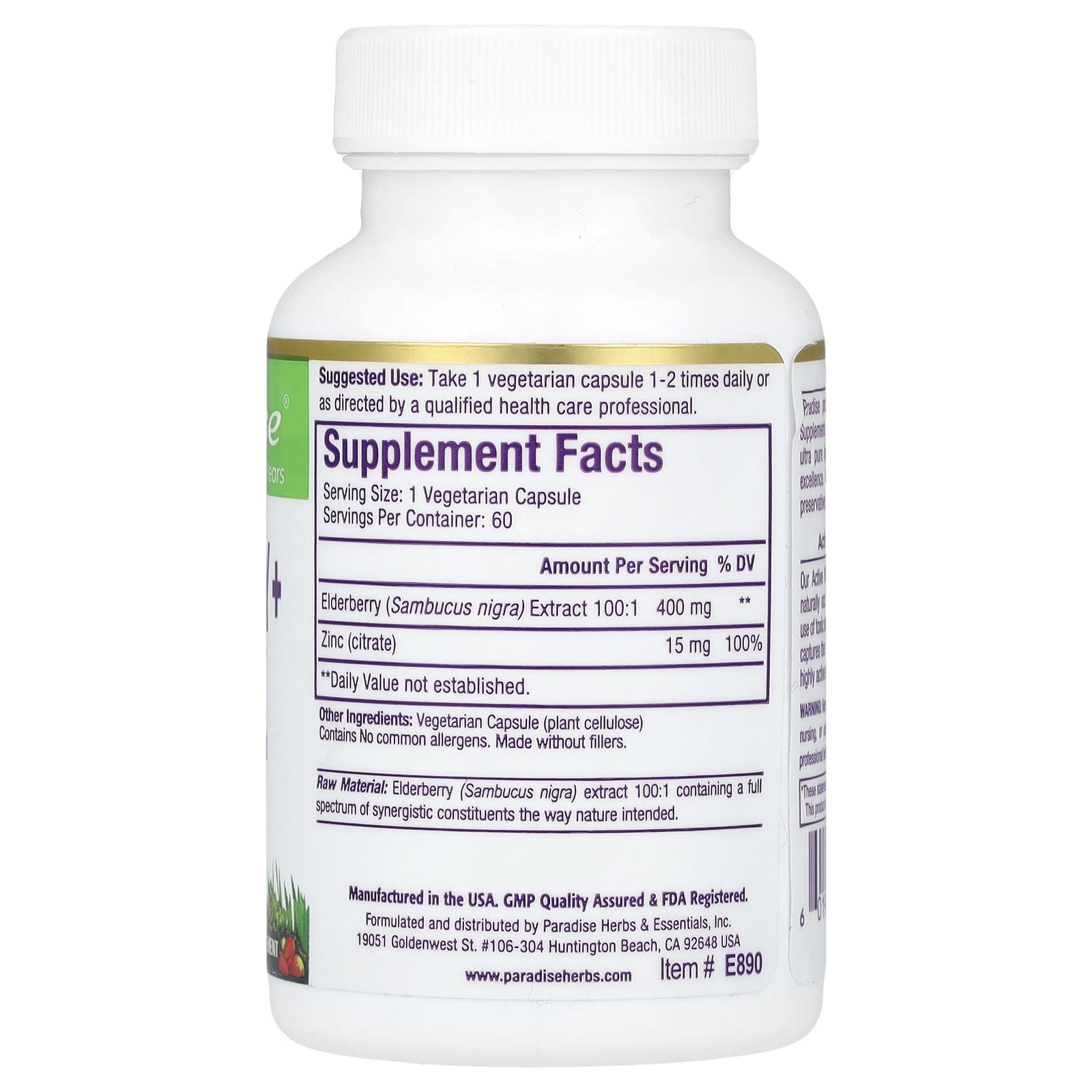 Paradise Herbs Elderberry+ with Zinc – Elderberry+ with Zinc – 60 gélules végétales — photo 2 sur 2
