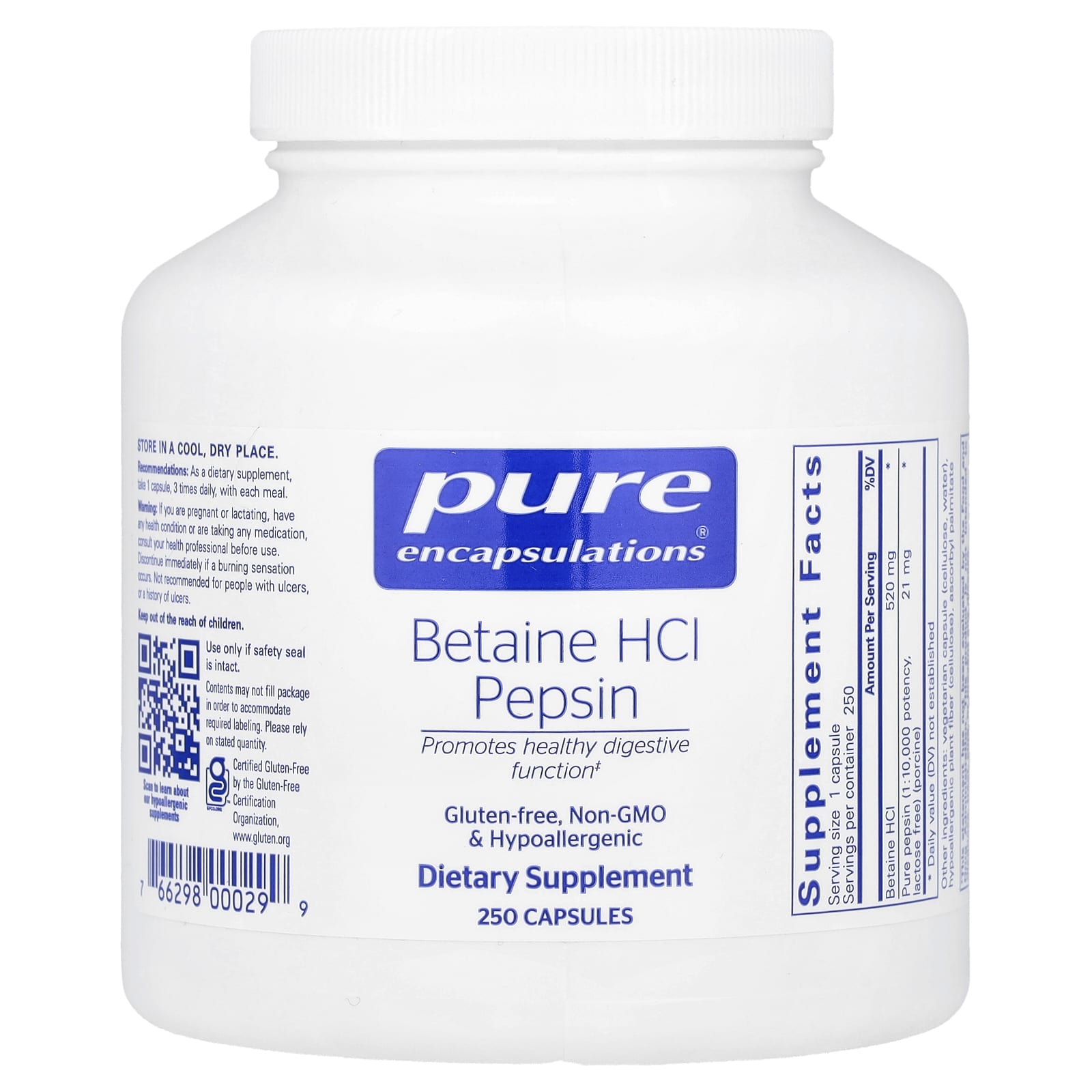 Pure Encapsulations Betaine HCl Pepsin – 250 gélules — Tunisie
