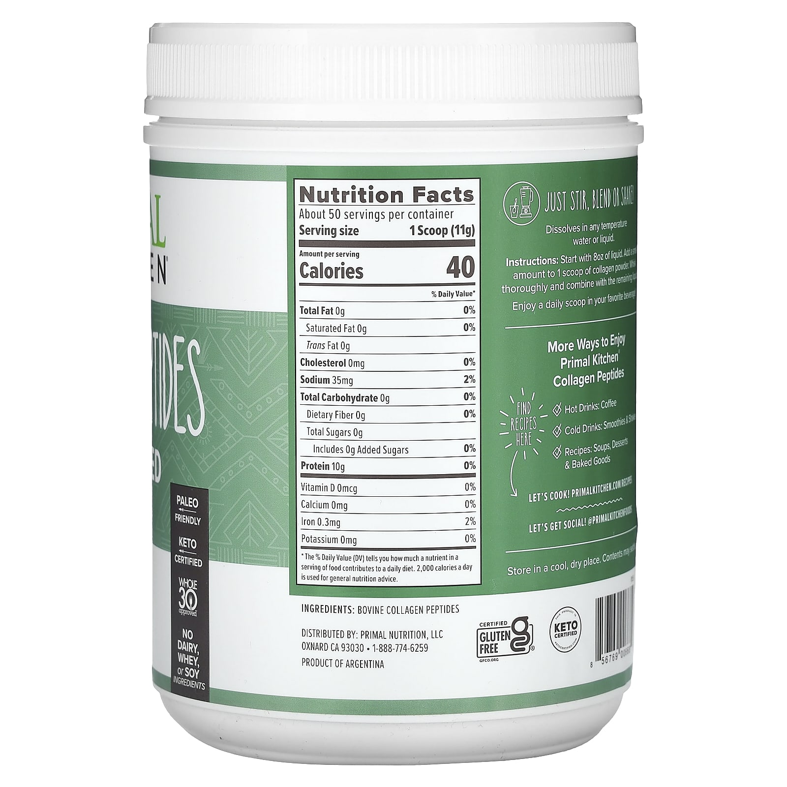 Primal Kitchen Collagen Peptides – Sans arôme – 550 g — photo 2 sur 2