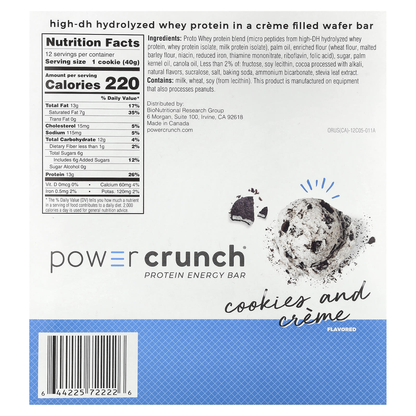 BNRG Power Crunch, Protein Energy Bar – Cookies and Crème – 40 g — photo 2 sur 2