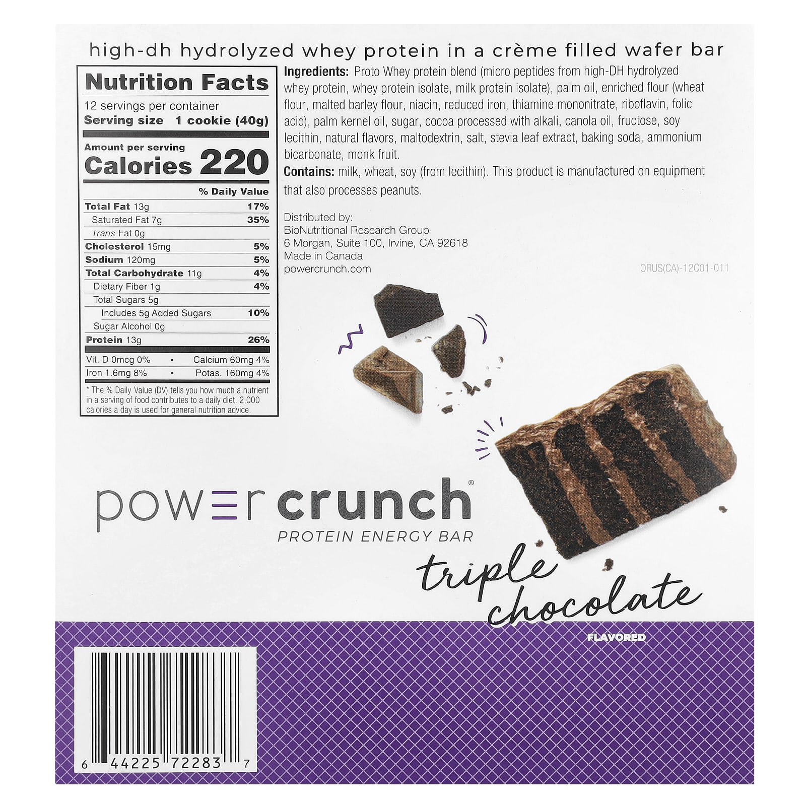 BNRG Power Crunch, Protein Energy Bar – Triple Chocolate – 40 g — photo 2 sur 2