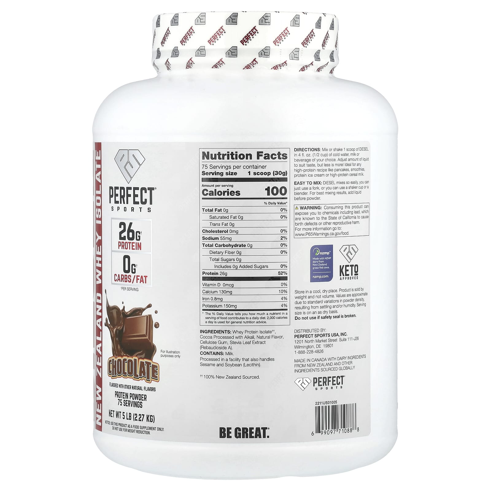 PERFECT Sports Diesel, New Zealand Whey Isolate – Chocolate – 2,27 kg — photo 2 sur 2