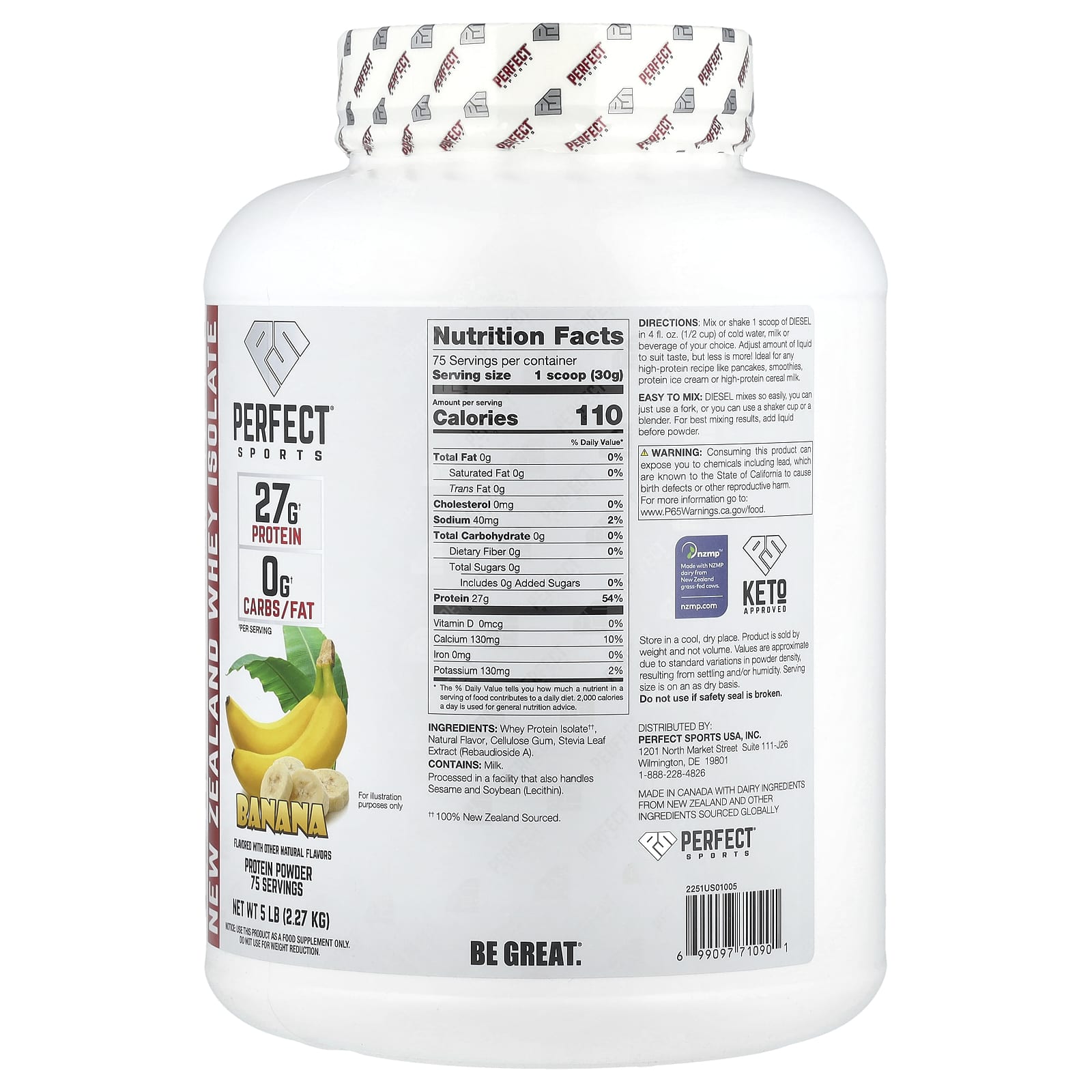 PERFECT Sports Diesel, New Zealand Whey Isolate – Banana – 2,27 kg — photo 2 sur 2