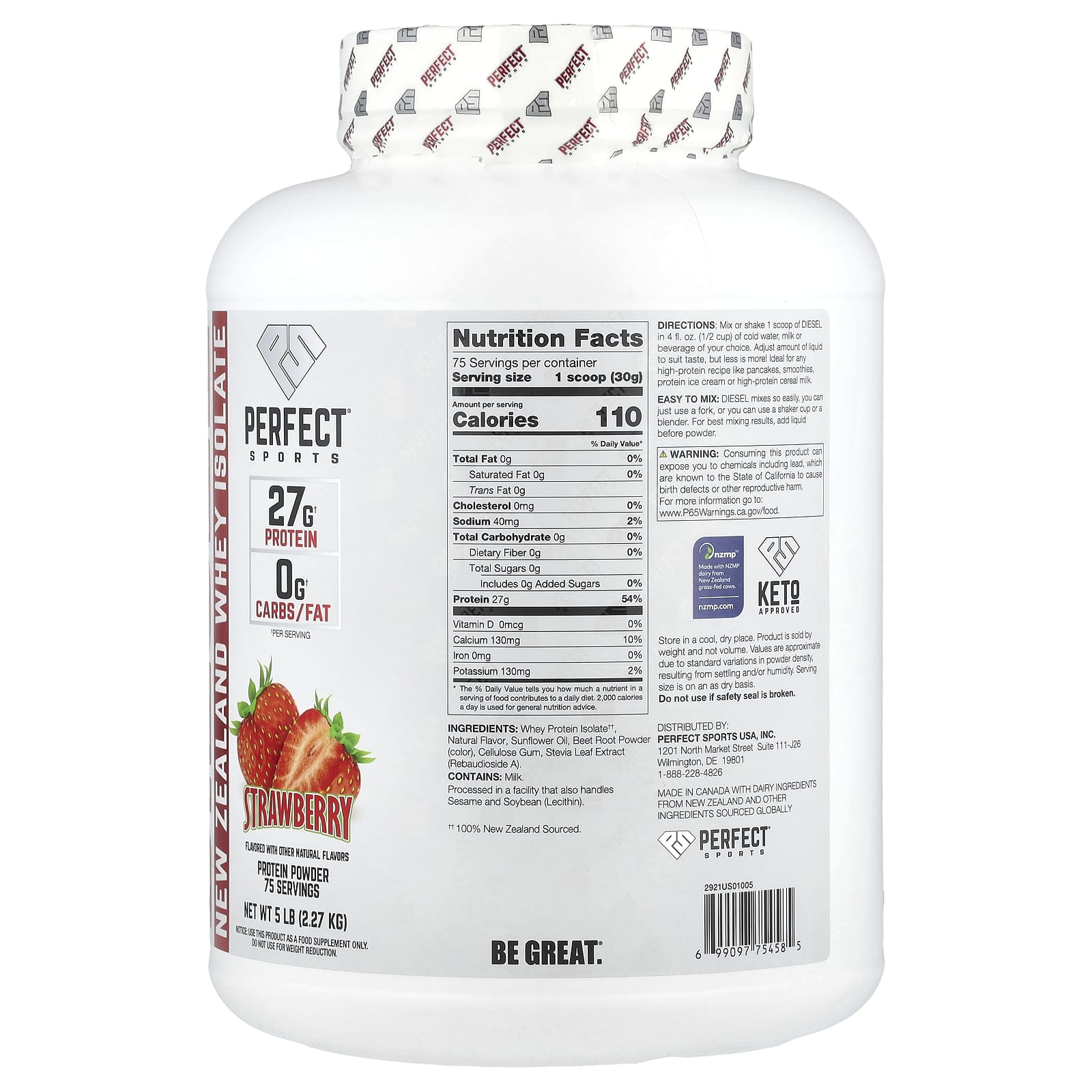 PERFECT Sports Diesel, New Zealand Whey Isolate – Strawberry – 2,27 kg — photo 2 sur 2