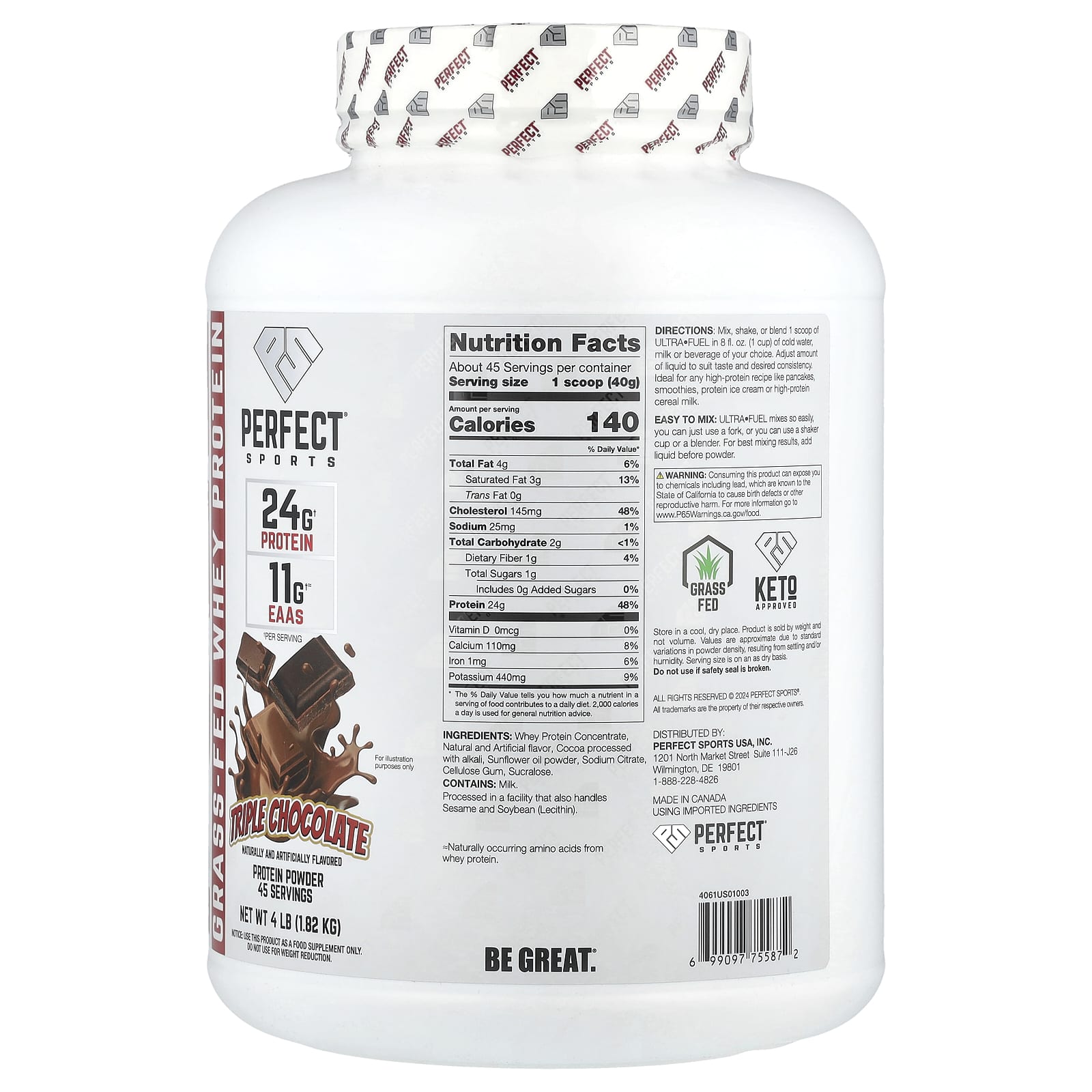 PERFECT Sports Ultra Fuel, Grass-Fed Whey Protein – Triple Chocolate – 1,82 kg — photo 2 sur 2