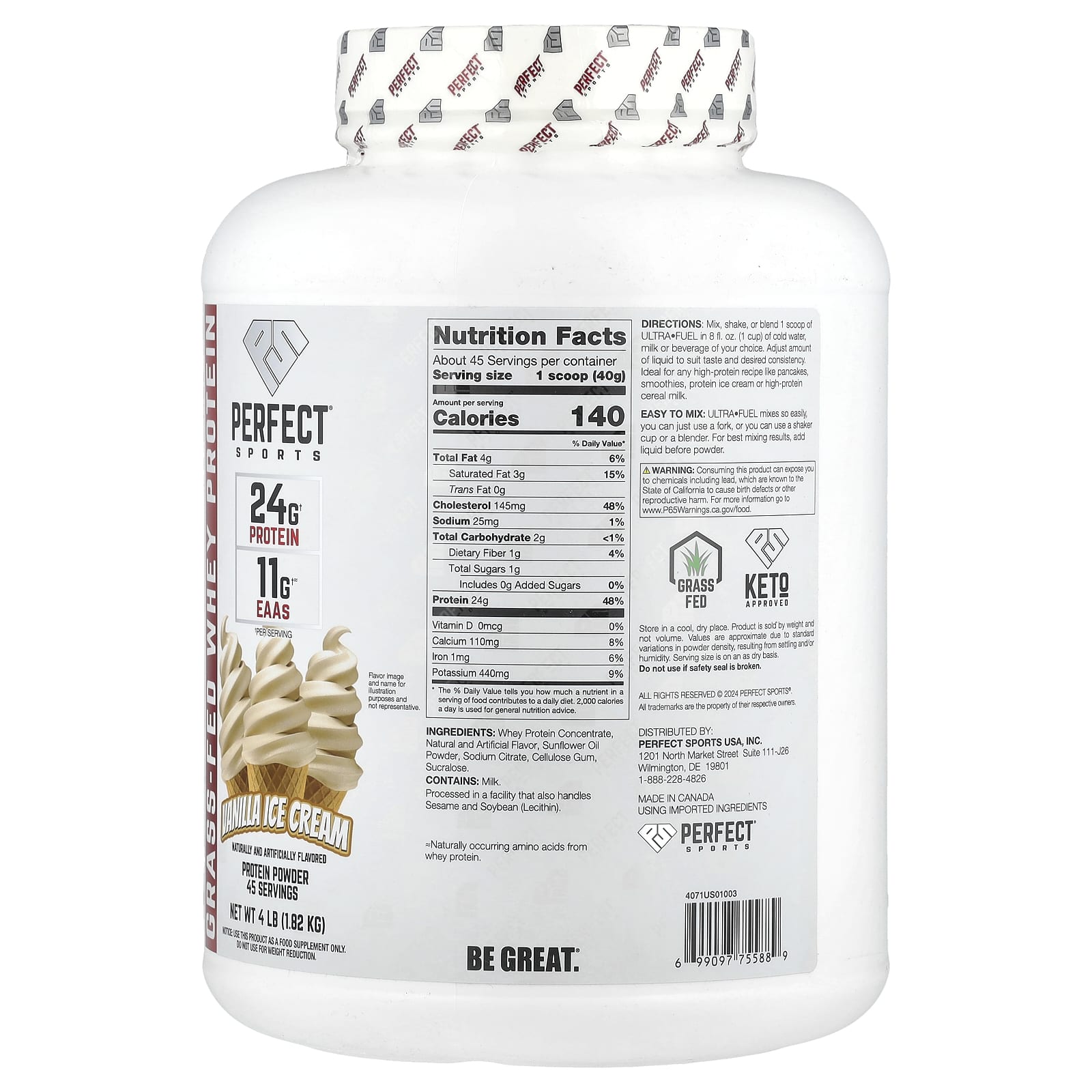 PERFECT Sports Ultra Fuel, Grass-Fed Whey Protein – Vanilla Ice Cream – 1,82 kg — photo 2 sur 2