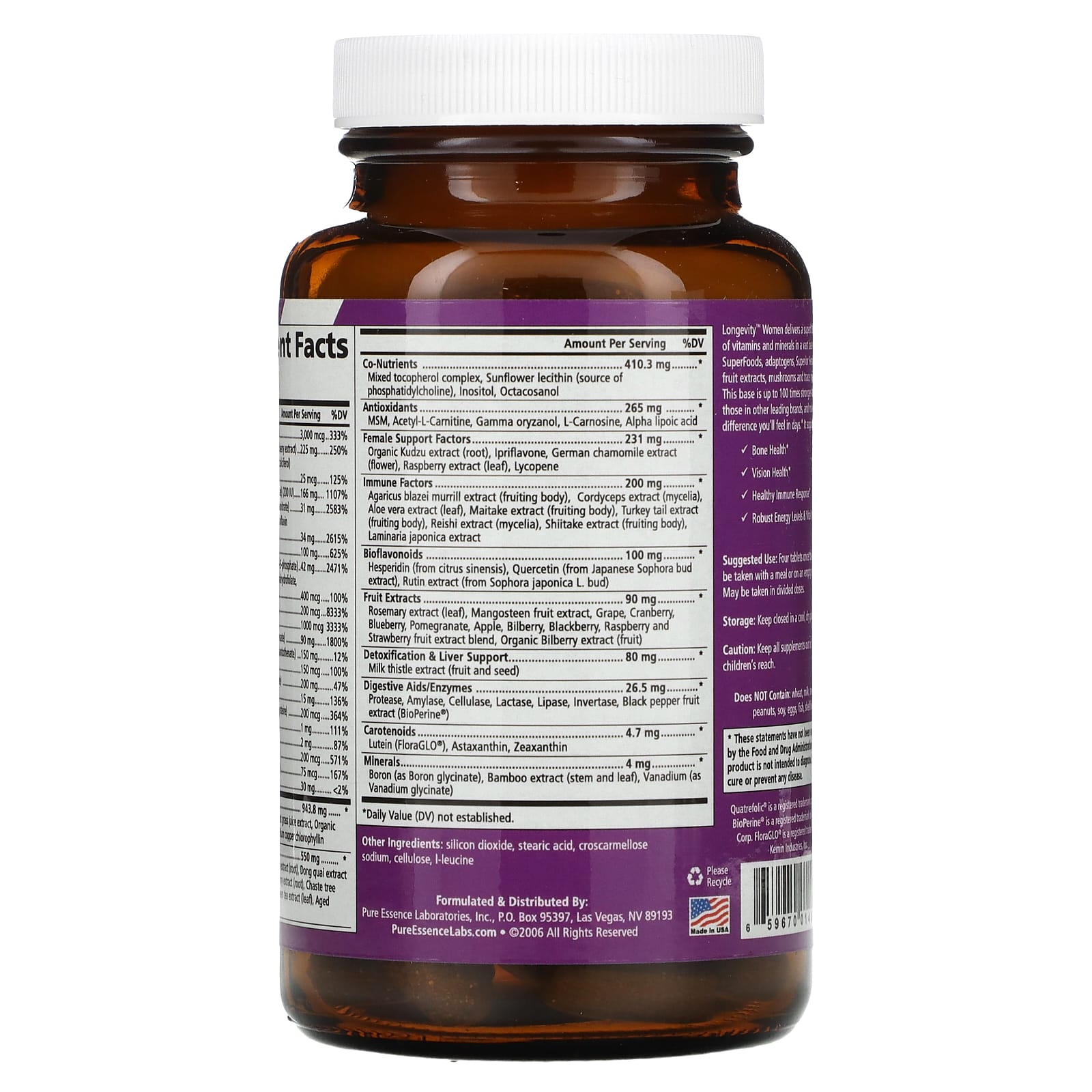 Pure Essence Longevity Women, Women's Multivitamin & Mineral Supplement – 120 comprimés — étiquette 1