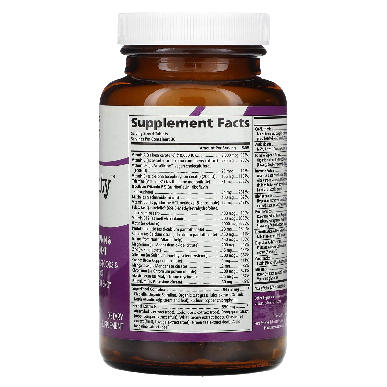 Pure Essence Longevity Women, Women's Multivitamin & Mineral Supplement – 120 comprimés — photo 2 sur 2
