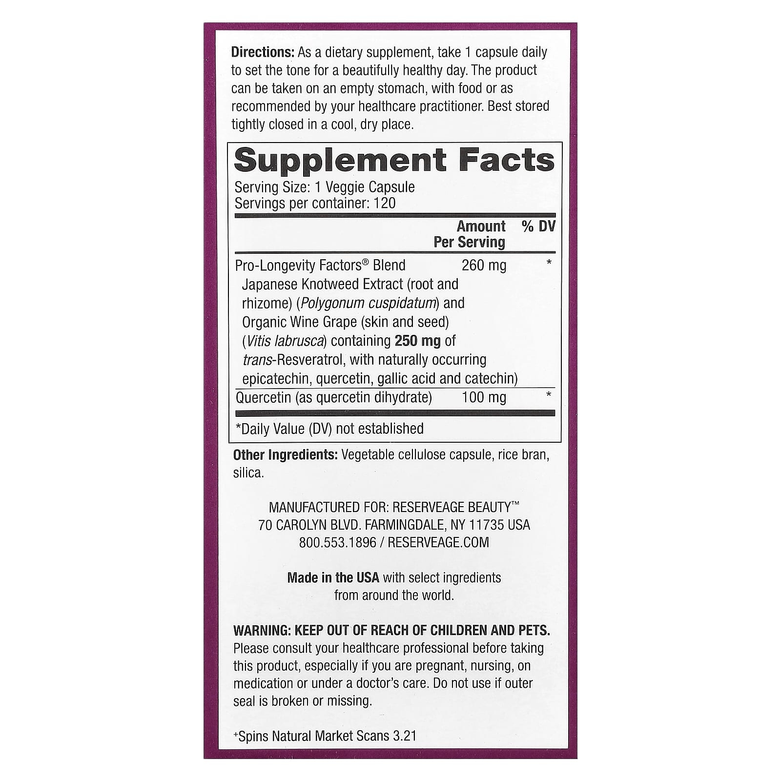 Reserveage Beauty Resveratrol – 120 gélules végétales — photo 2 sur 2
