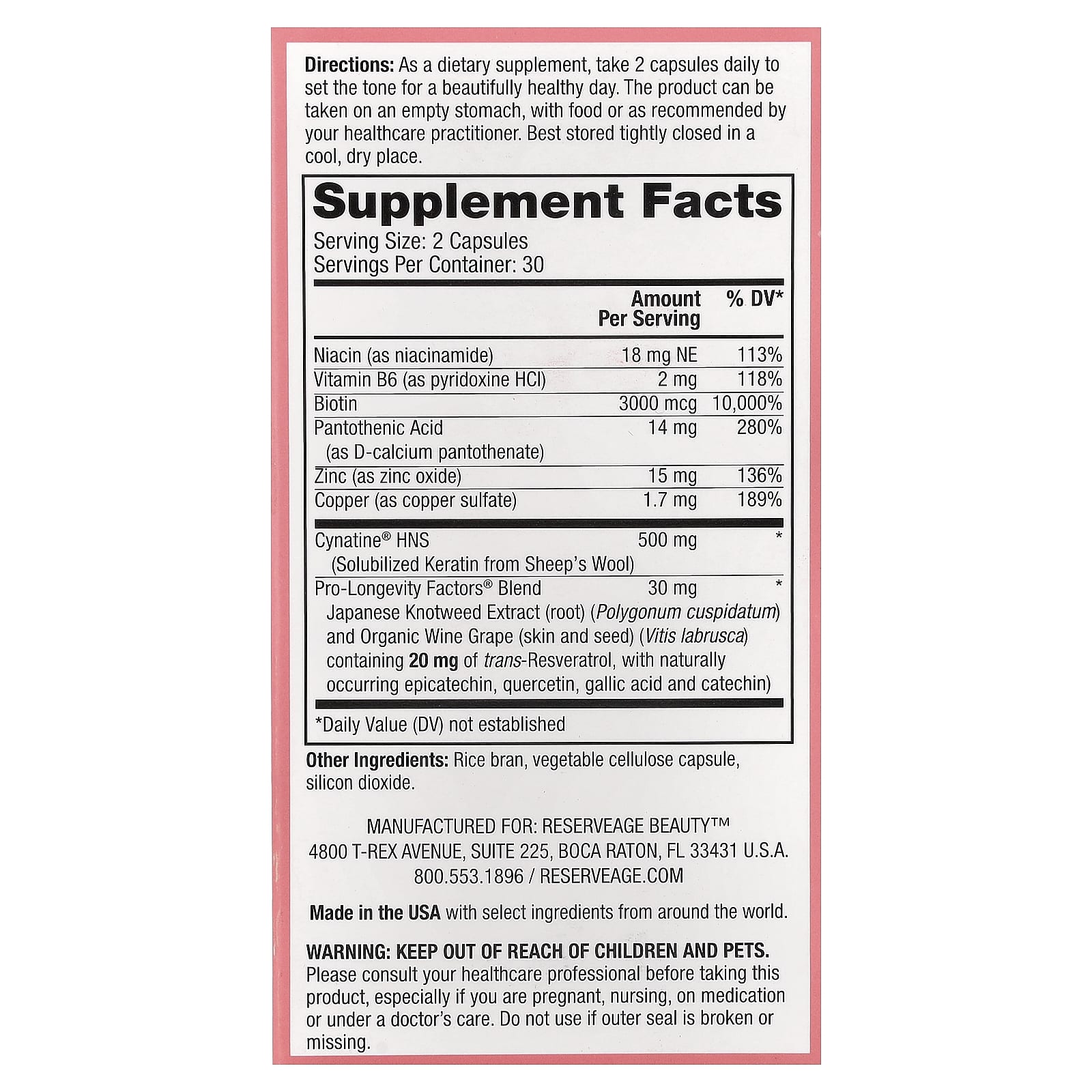 Reserveage Beauty Keratin Hair Booster with Biotin & Resveratrol – 60 gélules — photo 2 sur 2