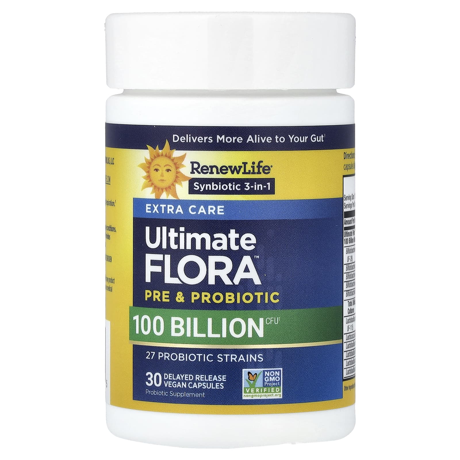 Renew Life Extra Care, Ultimate Flora, Prebiotic & Probiotic, 100 Billion CFU, 30 Delayed Release Vegan Capsules — étiquette 1
