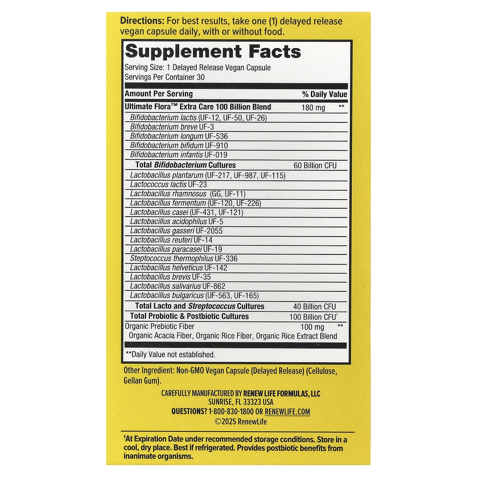 Renew Life Extra Care, Ultimate Flora, Prebiotic & Probiotic, 100 Billion CFU, 30 Delayed Release Vegan Capsules — photo 2 sur 2