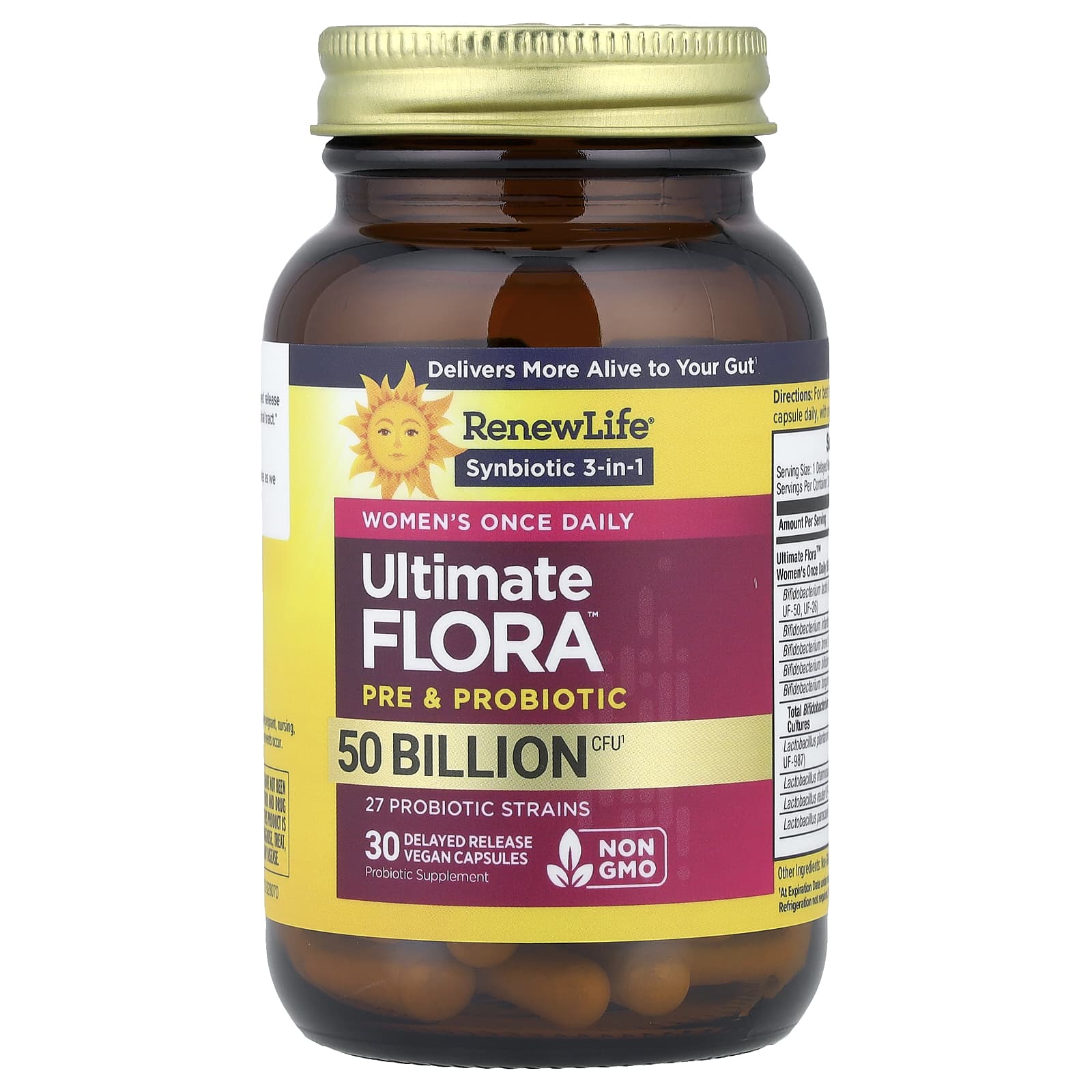 Renew Life Women's Once Daily, Ultimate Flora Pre & Probiotic, 30 Delayed Release Vegan Capsules — étiquette 1