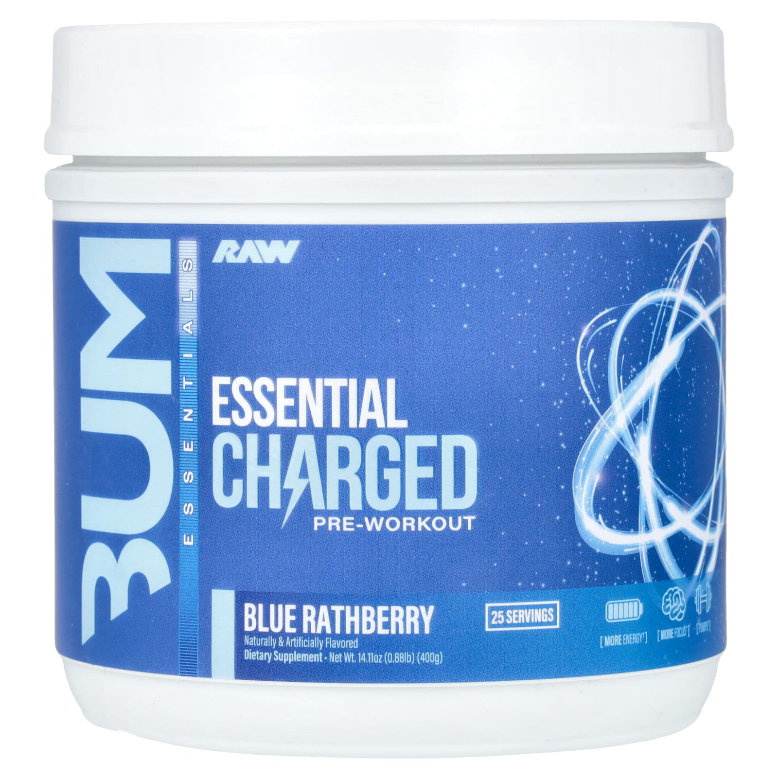 Raw Nutrition Bum Essentials, Essential Charged Pre-Workout – Blue Rathberry – 400 g — Tunisie