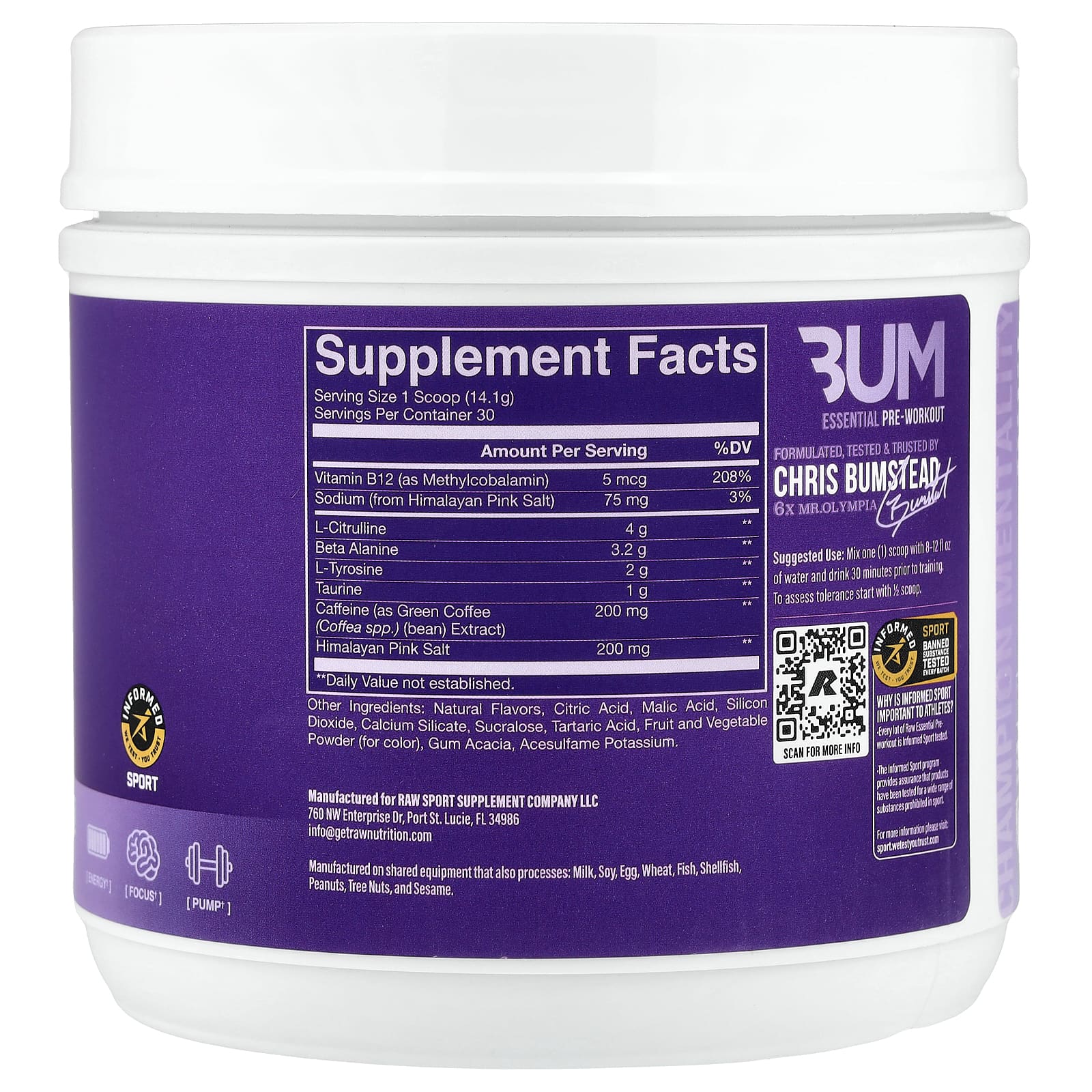 Raw Nutrition Bum Essentials, Essential Pre-Workout – Grape – 423 g — photo 2 sur 2