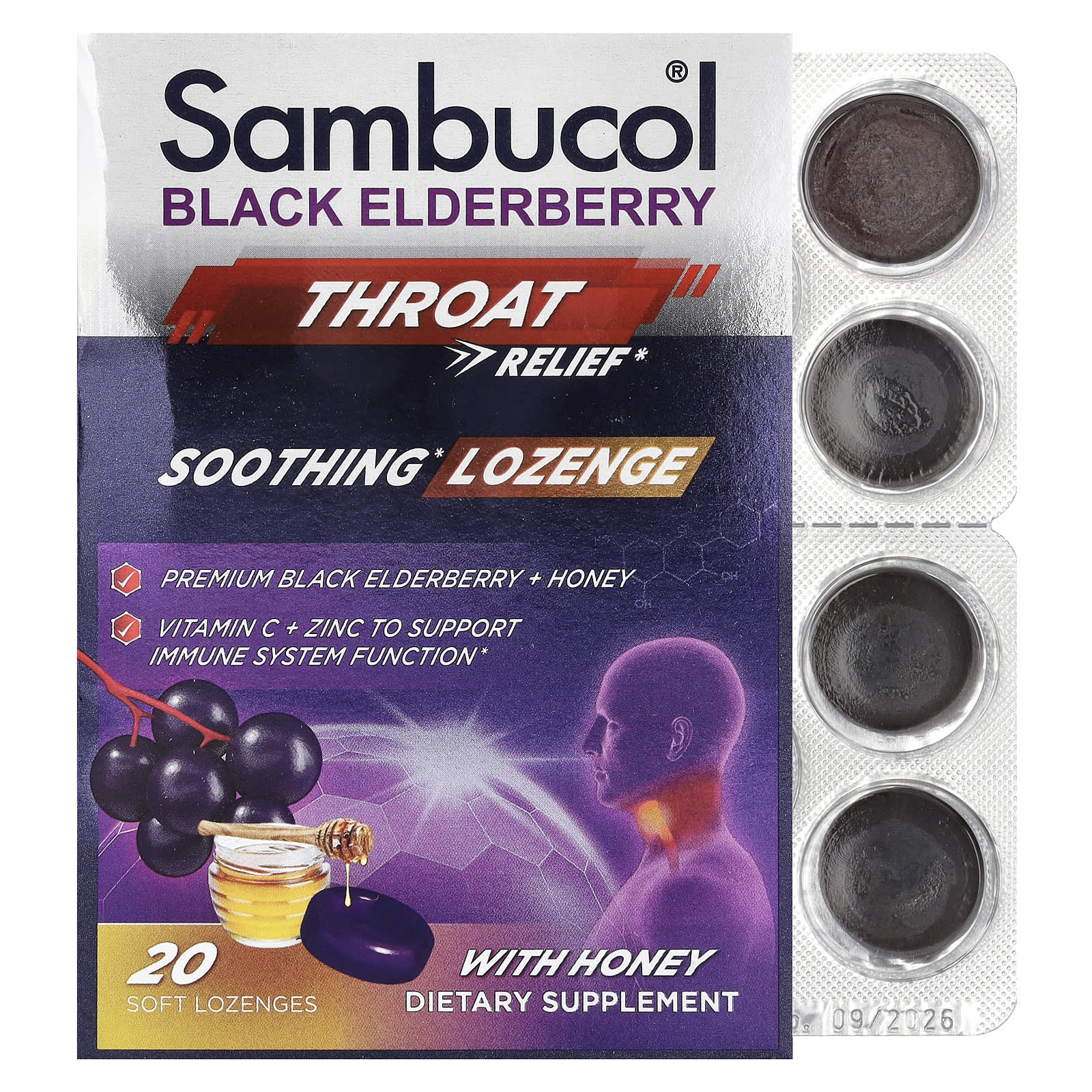 Sambucol Black Elderberry, Throat Relief, Soothing Lozenge With Honey, 20 Soft Lozenges – Black Elderberry — Tunisie
