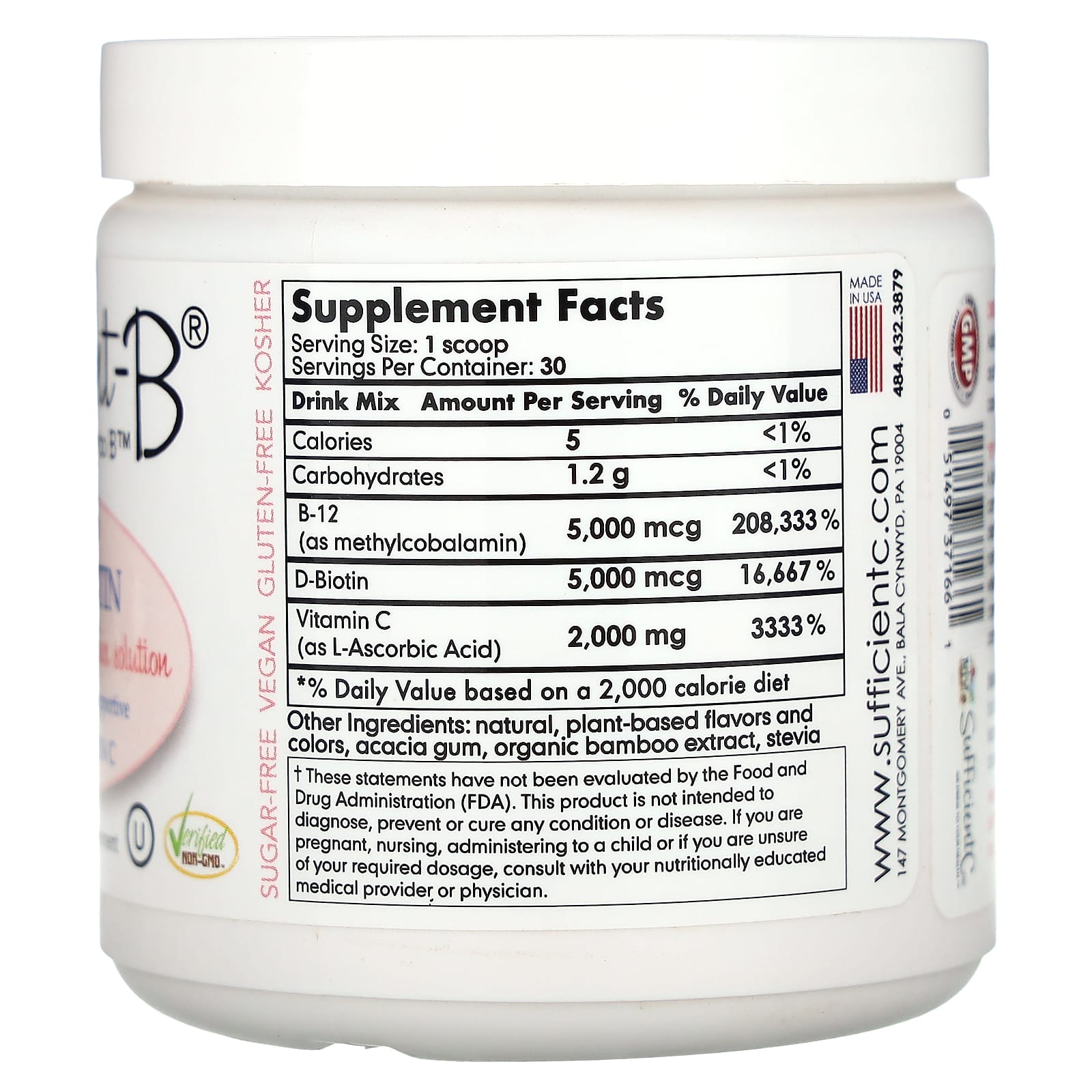 Sufficient C Abundant-B High Dosed Methyl B-12 & Biotin Drink Mix – Pink Lemonade – 108 g — photo 2 sur 2