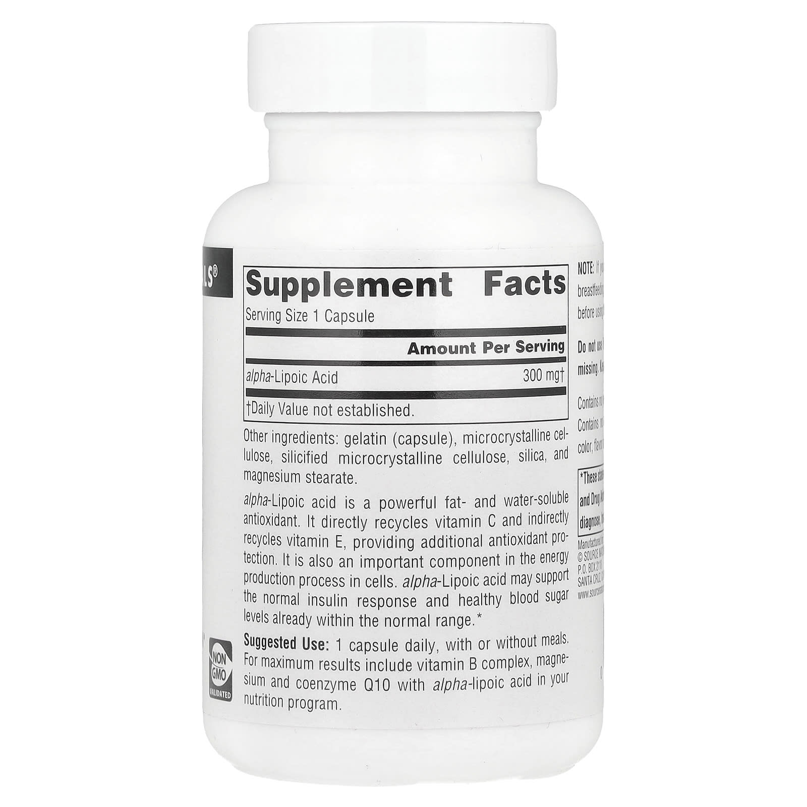 Source Naturals Alpha Lipoic Acid – 300 mg – 60 gélules — photo 2 sur 2
