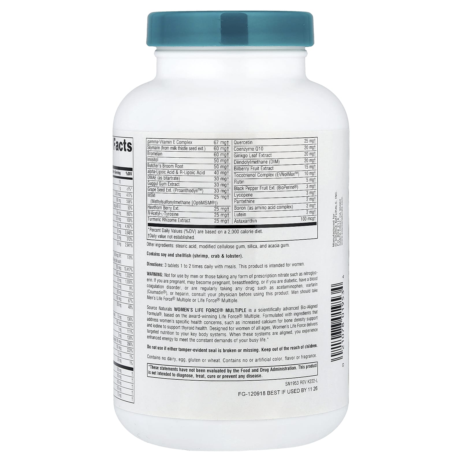 Source Naturals Women's Life Force Multiple, No Iron – 180 comprimés — étiquette 1