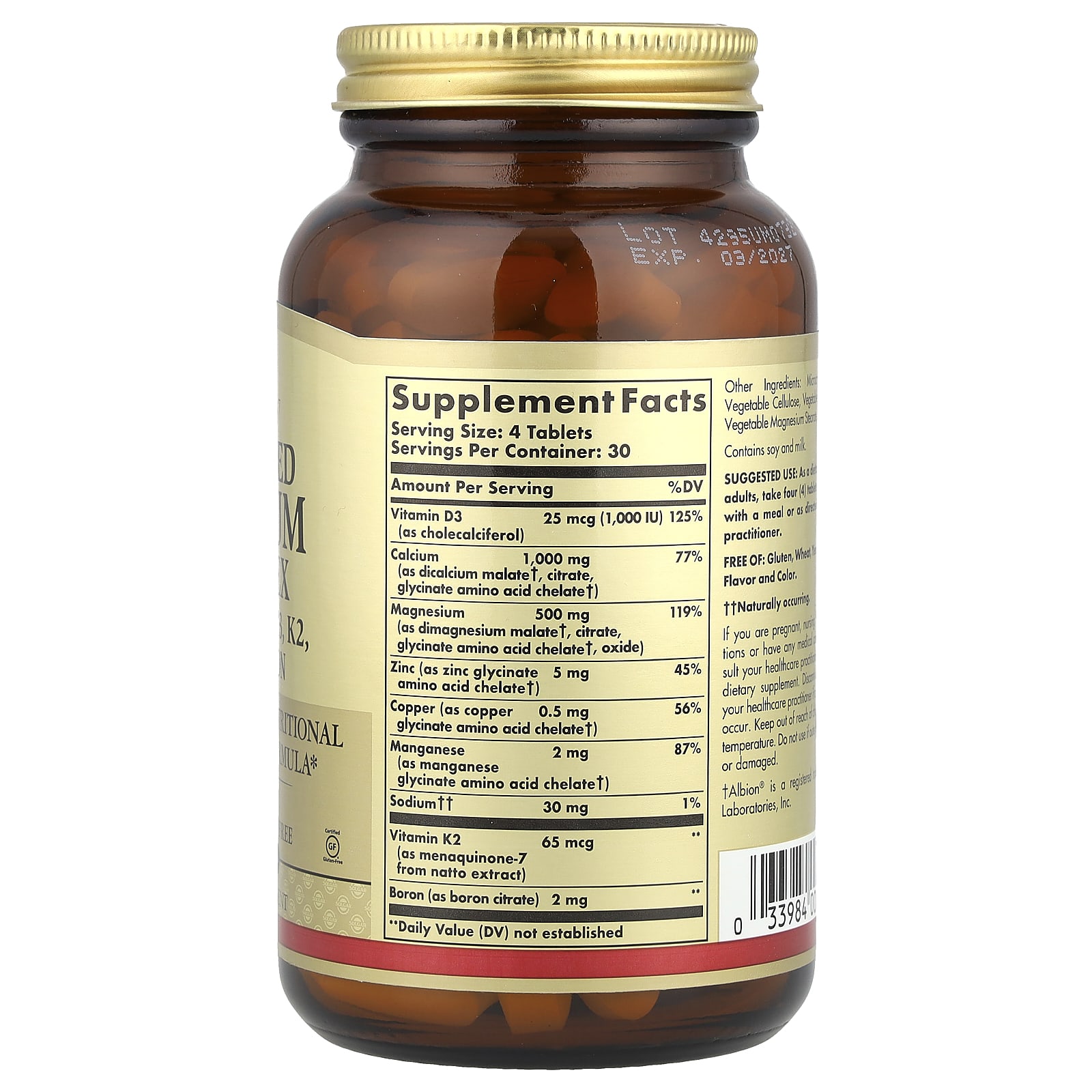 Solgar Advanced Calcium Complex + Vitamins D3, Zinc, Boron – 120 comprimés — photo 2 sur 2
