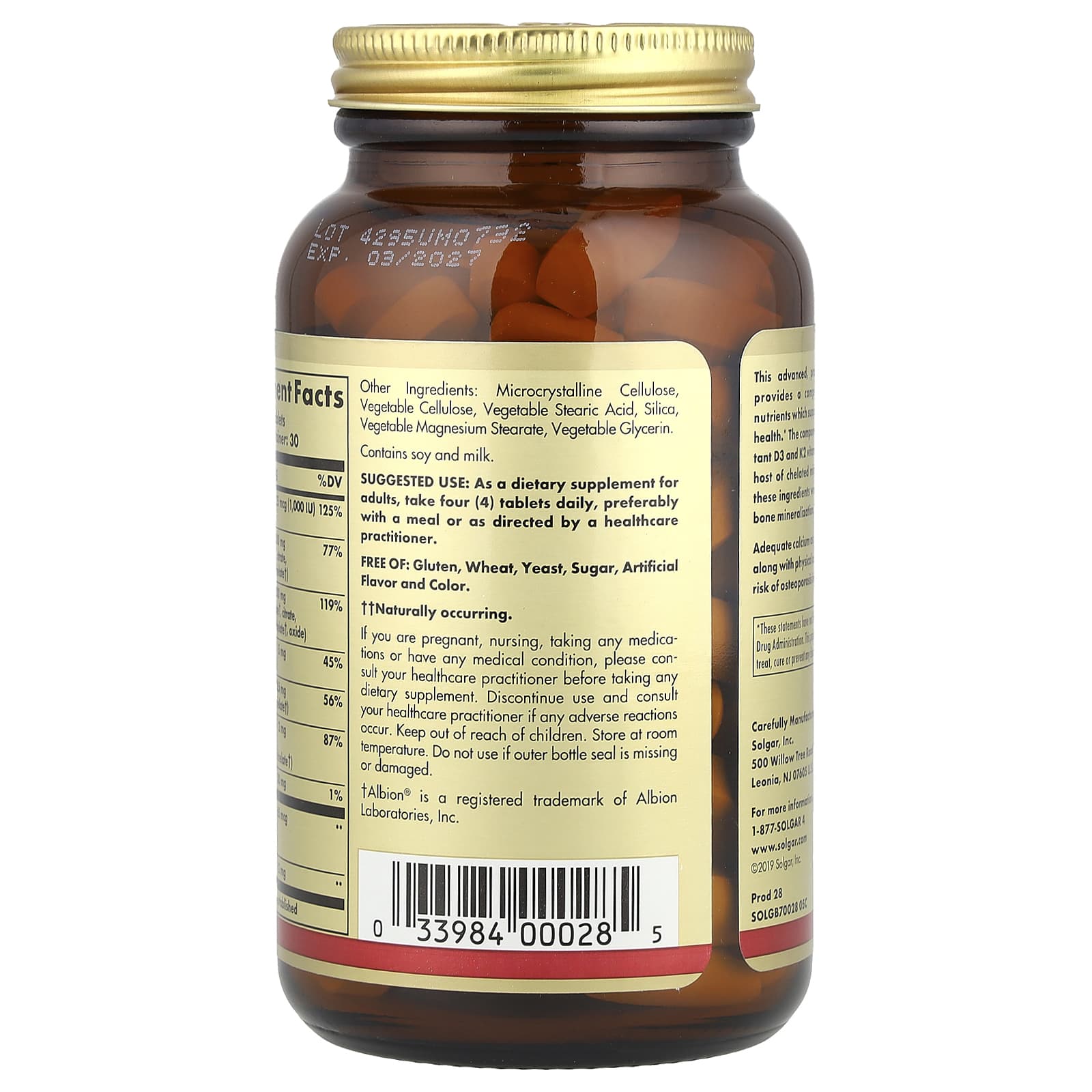 Solgar Advanced Calcium Complex + Vitamins D3, Zinc, Boron – 120 comprimés — étiquette 1