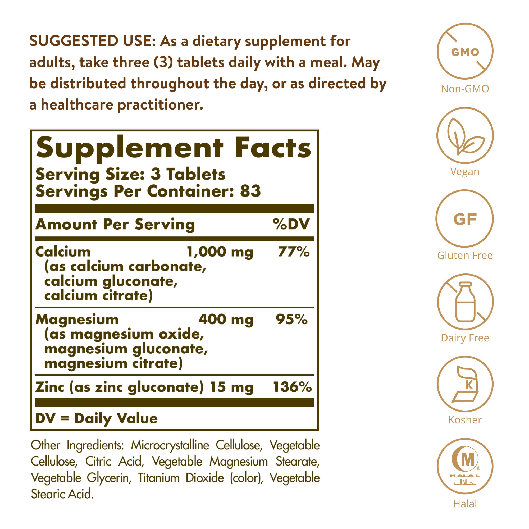 Solgar Calcium Magnesium Plus Zinc – 250 comprimés — étiquette 1