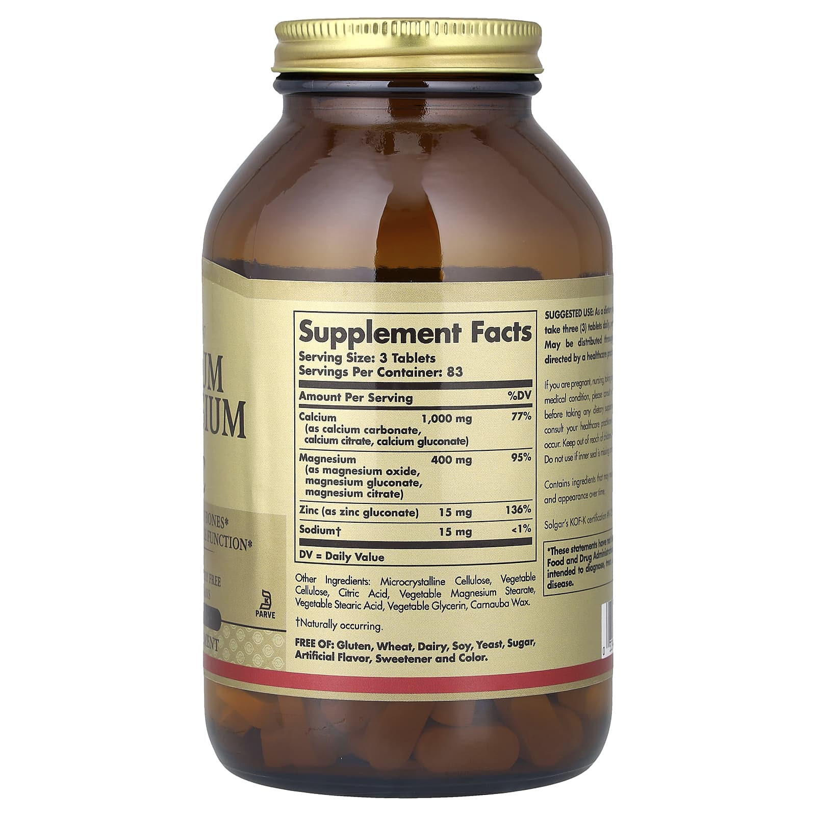 Solgar Calcium Magnesium Plus Zinc – 250 comprimés — photo 2 sur 2